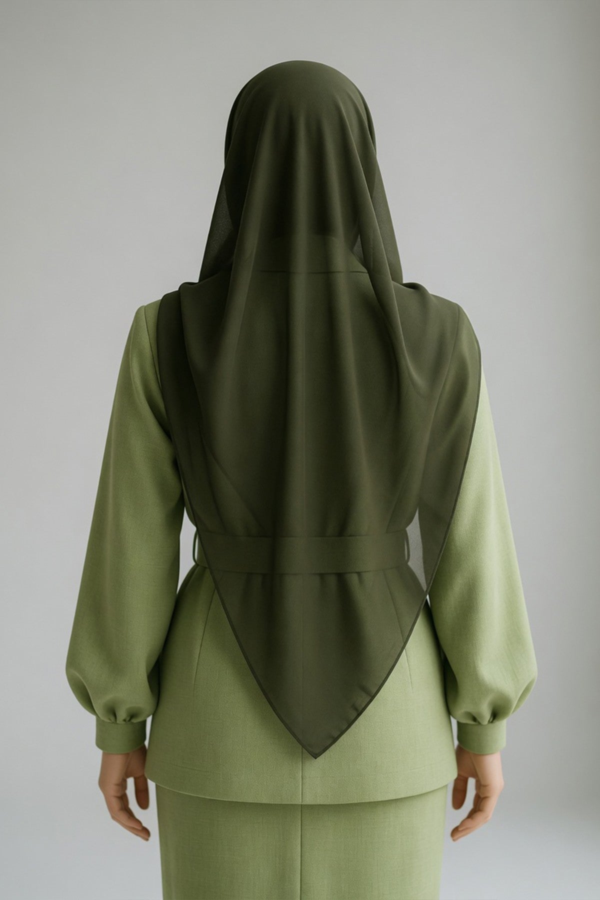 Tie-Back Chiffon Shawl Hijab with Built-In Jersey Underscarf, Non-Slip Ready-to-Wear Chiffon Hijab,PS-61 Army Green