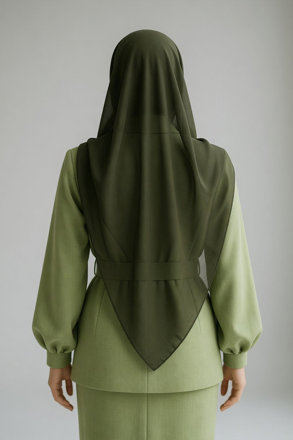 Tie-Back Chiffon Shawl Hijab with Built-In Jersey Underscarf, Non-Slip Ready-to-Wear Chiffon Hijab,PS-61 Army Green