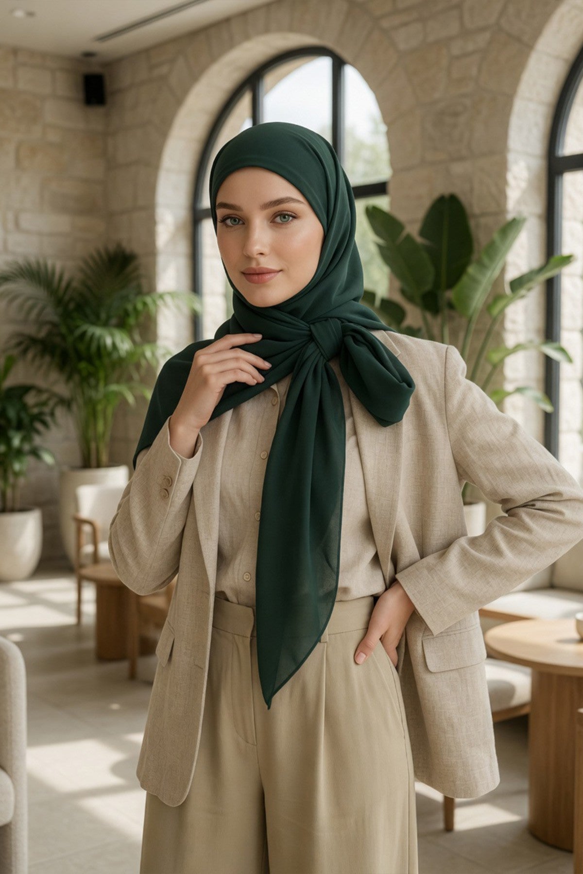 Tie-Back Chiffon Shawl Hijab with Built-In Jersey Underscarf, Non-Slip Ready-to-Wear Chiffon Hijab,PS-61 Dark Green