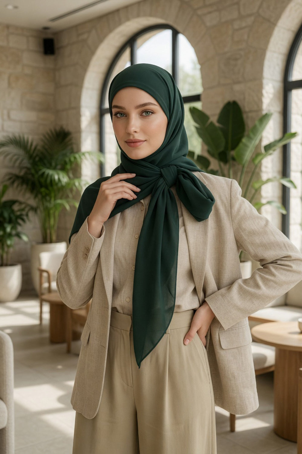 Tie-Back Chiffon Shawl Hijab with Built-In Jersey Underscarf, Non-Slip Ready-to-Wear Chiffon Hijab,PS-61 Dark Green