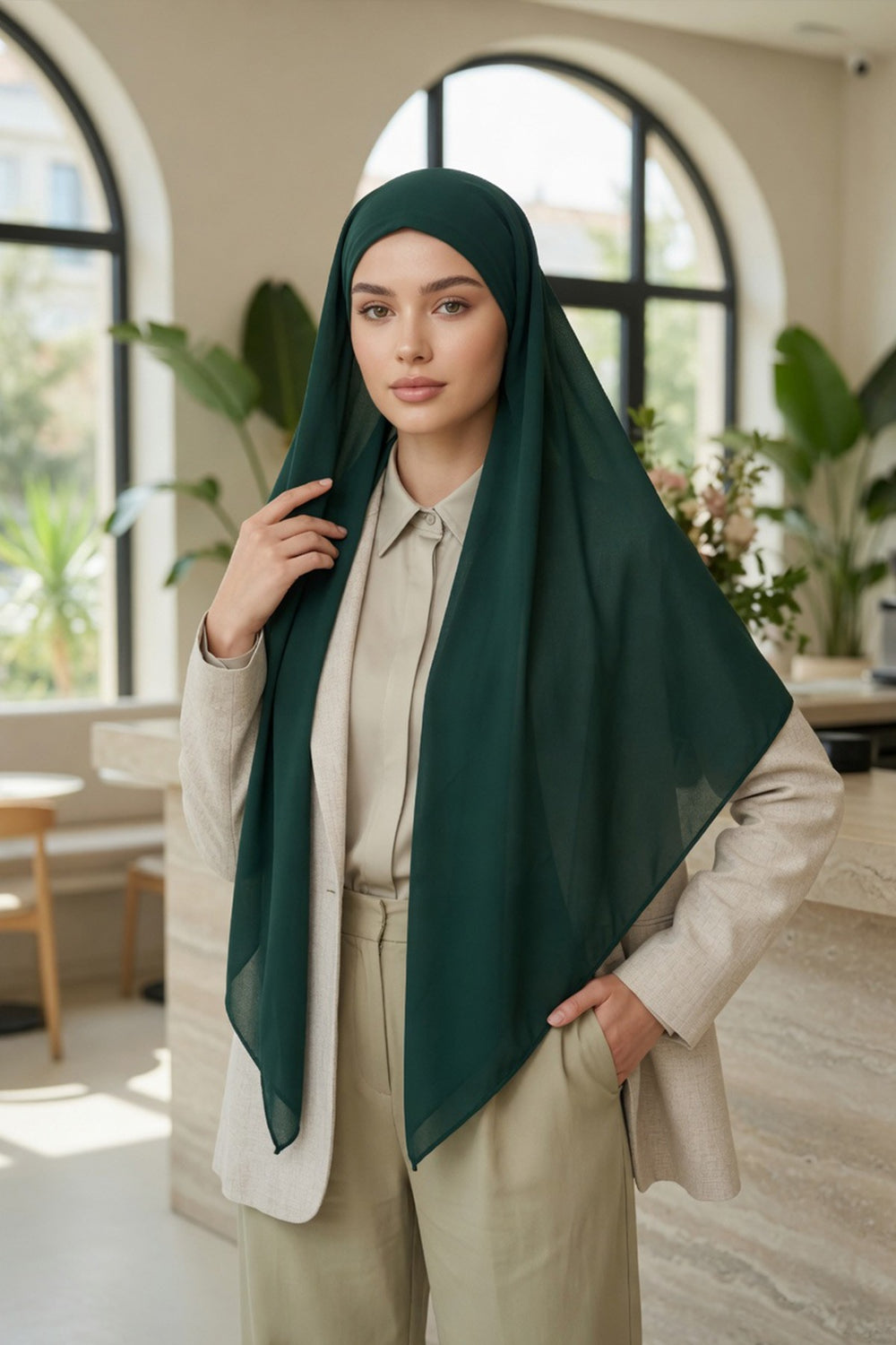 Tie-Back Chiffon Shawl Hijab with Built-In Jersey Underscarf, Non-Slip Ready-to-Wear Chiffon Hijab,PS-61 Dark Green