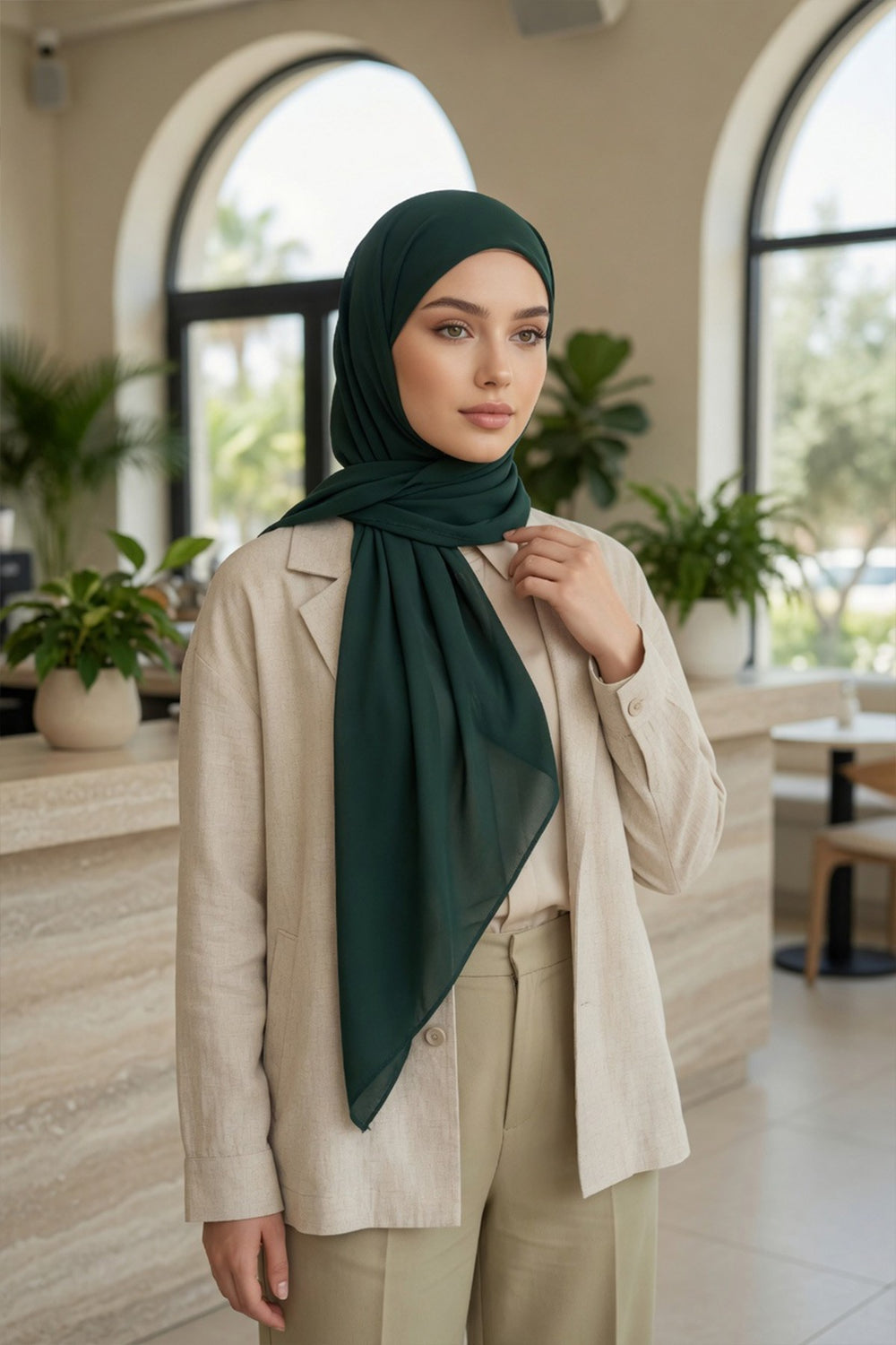 Tie-Back Chiffon Shawl Hijab with Built-In Jersey Underscarf, Non-Slip Ready-to-Wear Chiffon Hijab,PS-61 Dark Green