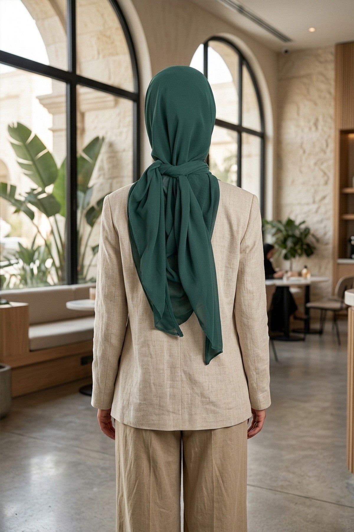 Tie-Back Chiffon Shawl Hijab with Built-In Jersey Underscarf, Non-Slip Ready-to-Wear Chiffon Hijab,PS-61 Dark Green