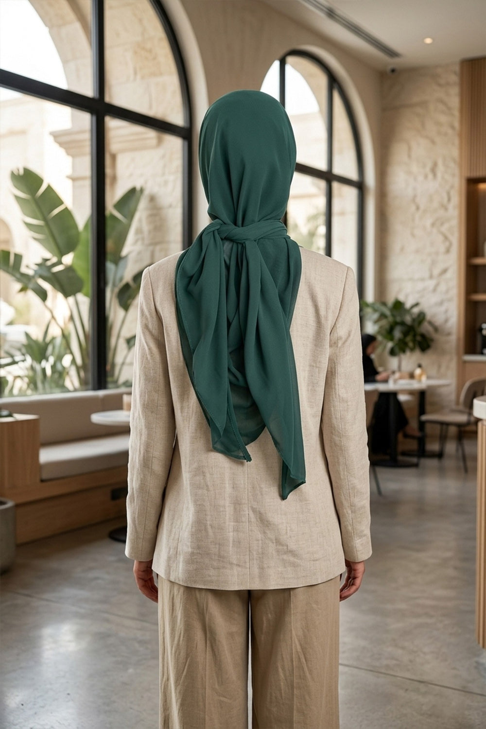 Tie-Back Chiffon Shawl Hijab with Built-In Jersey Underscarf, Non-Slip Ready-to-Wear Chiffon Hijab,PS-61 Dark Green