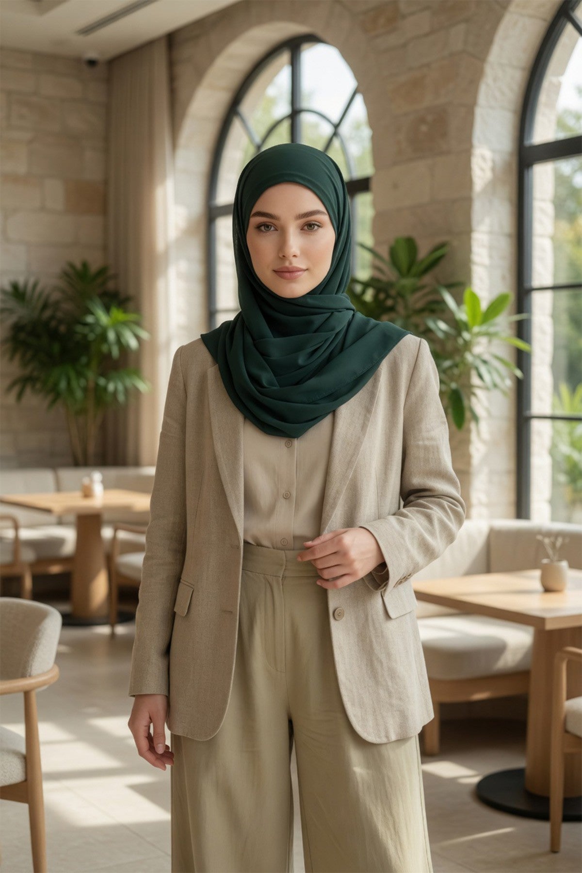 Tie-Back Chiffon Shawl Hijab with Built-In Jersey Underscarf, Non-Slip Ready-to-Wear Chiffon Hijab,PS-61 Dark Green