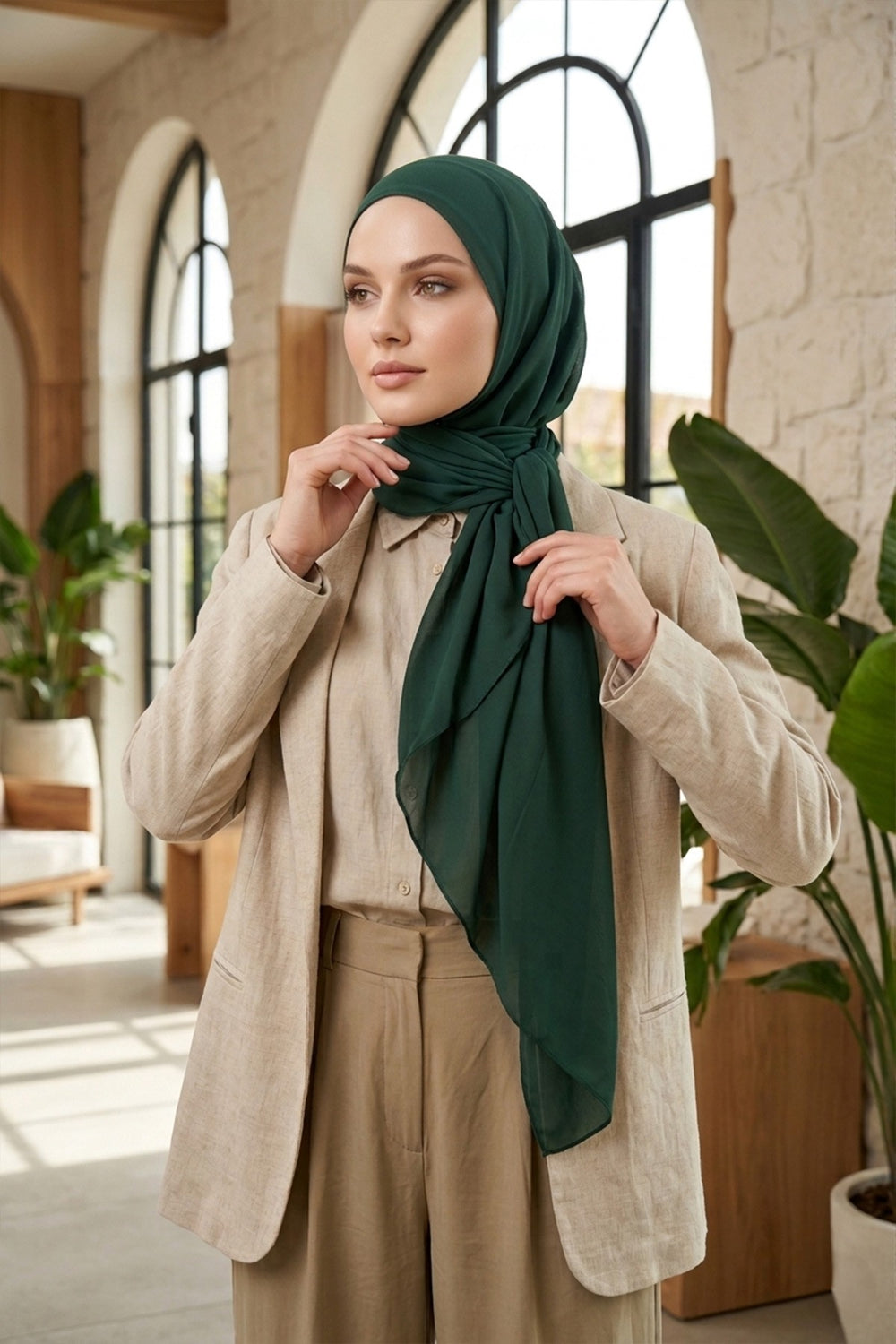 Tie-Back Chiffon Shawl Hijab with Built-In Jersey Underscarf, Non-Slip Ready-to-Wear Chiffon Hijab,PS-61 Dark Green