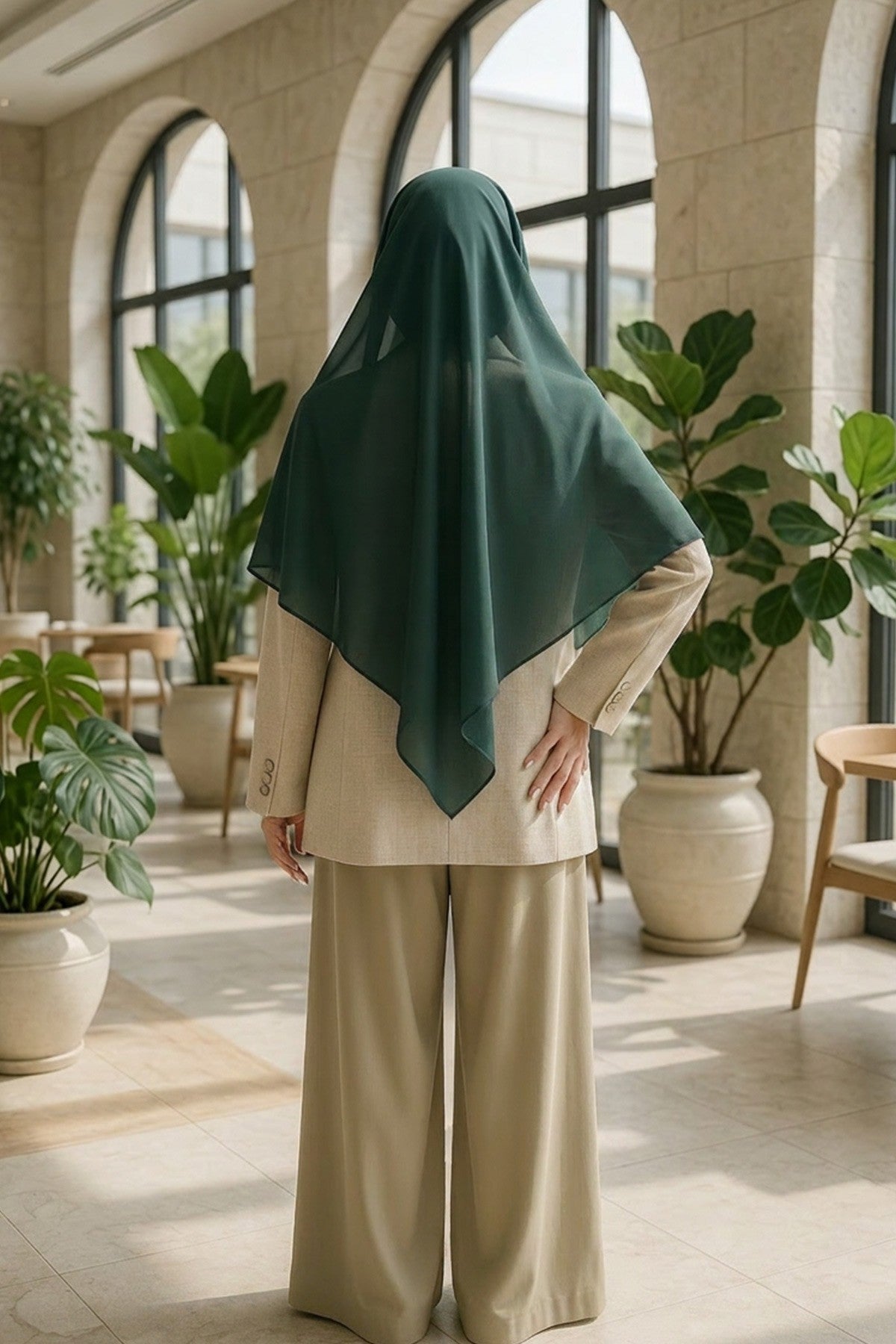 Tie-Back Chiffon Shawl Hijab with Built-In Jersey Underscarf, Non-Slip Ready-to-Wear Chiffon Hijab,PS-61 Dark Green