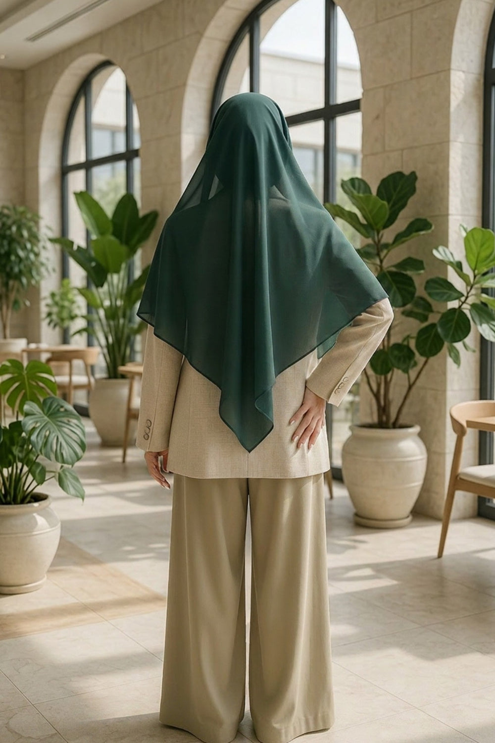 Tie-Back Chiffon Shawl Hijab with Built-In Jersey Underscarf, Non-Slip Ready-to-Wear Chiffon Hijab,PS-61 Dark Green