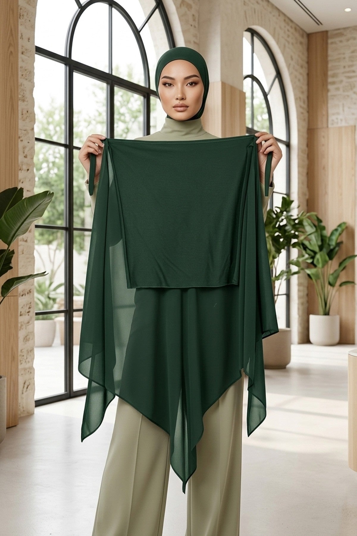 Tie-Back Chiffon Shawl Hijab with Built-In Jersey Underscarf, Non-Slip Ready-to-Wear Chiffon Hijab,PS-61 Dark Green
