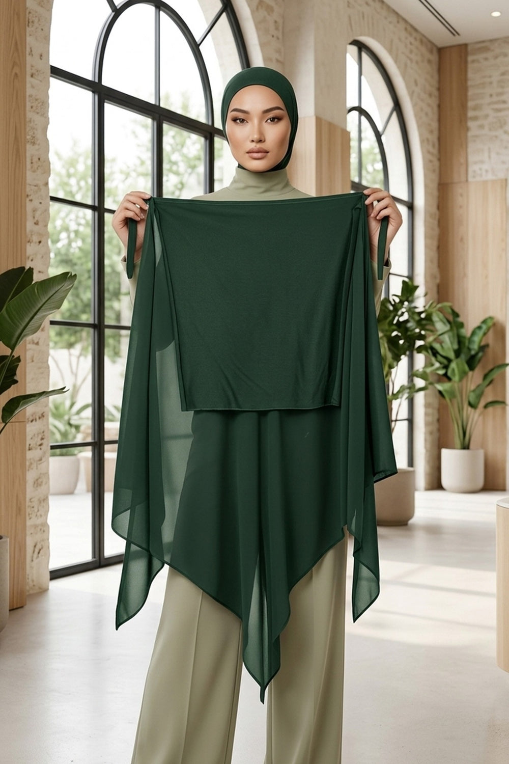 Tie-Back Chiffon Shawl Hijab with Built-In Jersey Underscarf, Non-Slip Ready-to-Wear Chiffon Hijab,PS-61 Dark Green
