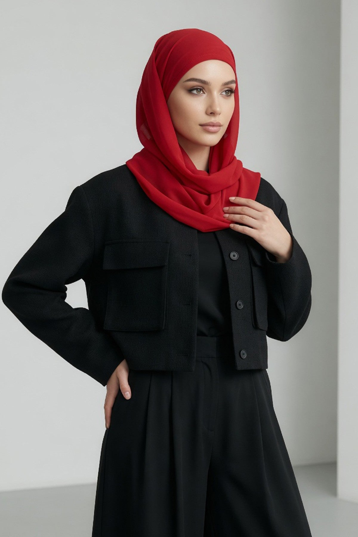 Tie-Back Chiffon Shawl Hijab with Built-In Jersey Underscarf, Non-Slip Ready-to-Wear Chiffon Hijab,PS-61 Red