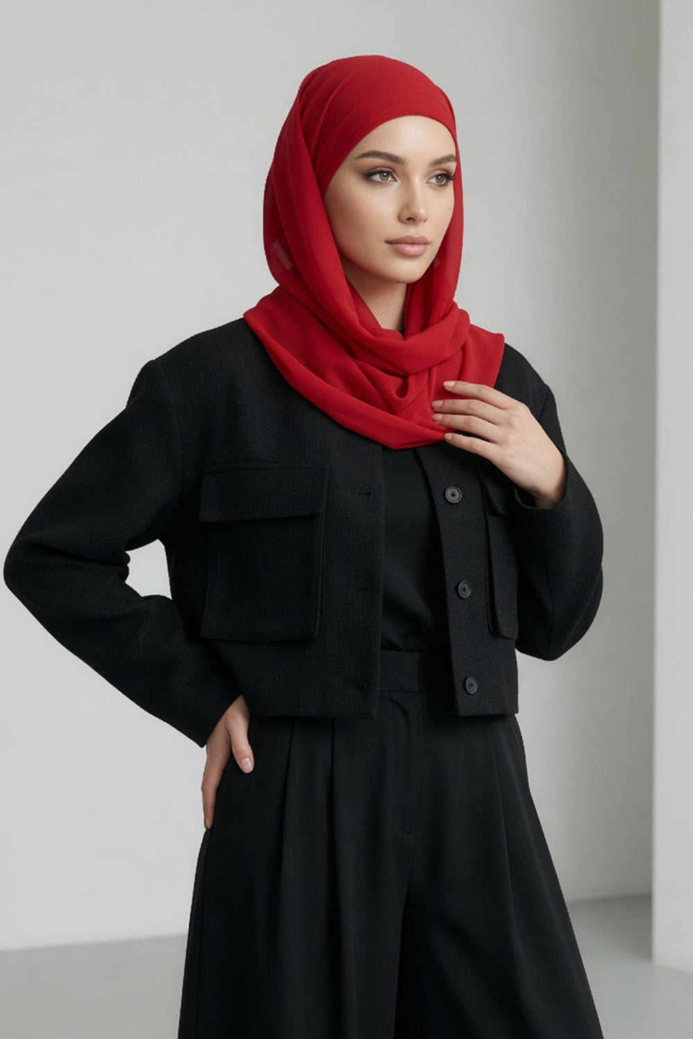 Tie-Back Chiffon Shawl Hijab with Built-In Jersey Underscarf, Non-Slip Ready-to-Wear Chiffon Hijab,PS-61 Red