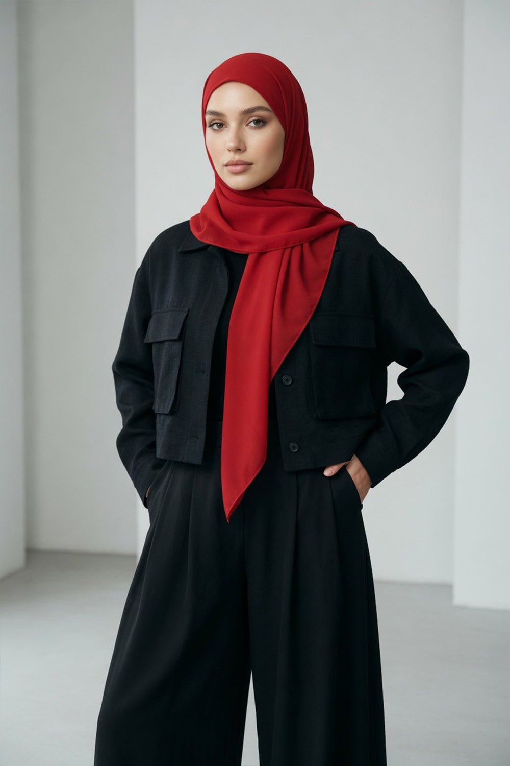 Tie-Back Chiffon Shawl Hijab with Built-In Jersey Underscarf, Non-Slip Ready-to-Wear Chiffon Hijab,PS-61 Red