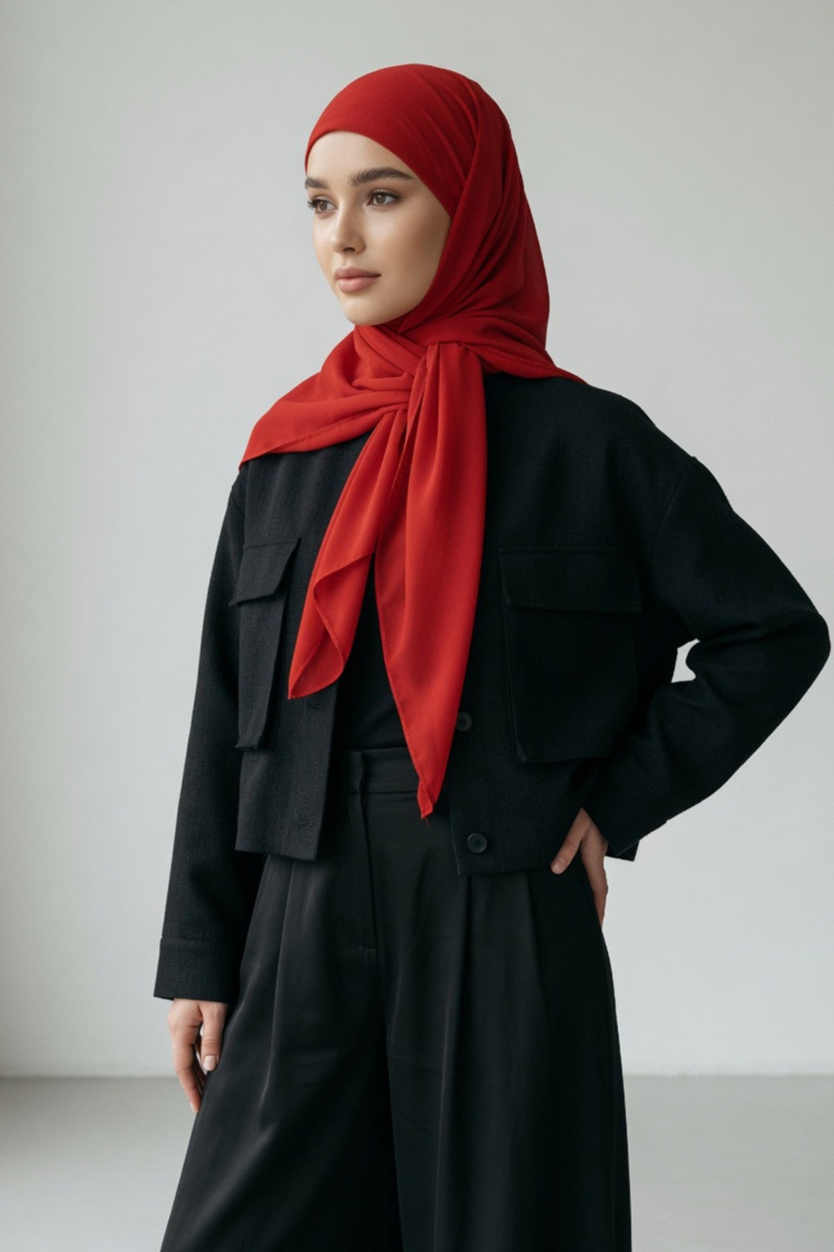 Tie-Back Chiffon Shawl Hijab with Built-In Jersey Underscarf, Non-Slip Ready-to-Wear Chiffon Hijab,PS-61 Red