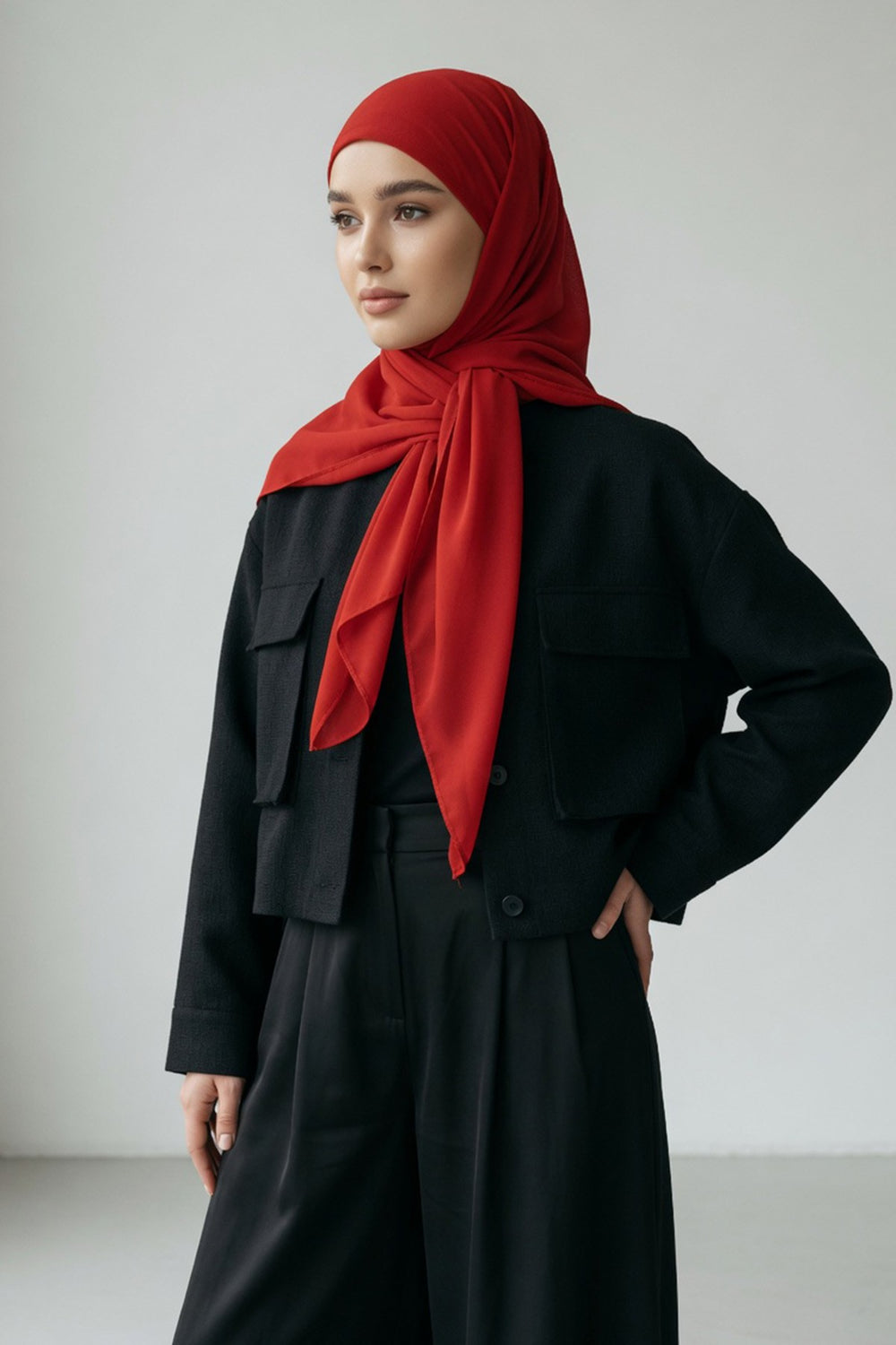 Tie-Back Chiffon Shawl Hijab with Built-In Jersey Underscarf, Non-Slip Ready-to-Wear Chiffon Hijab,PS-61 Red