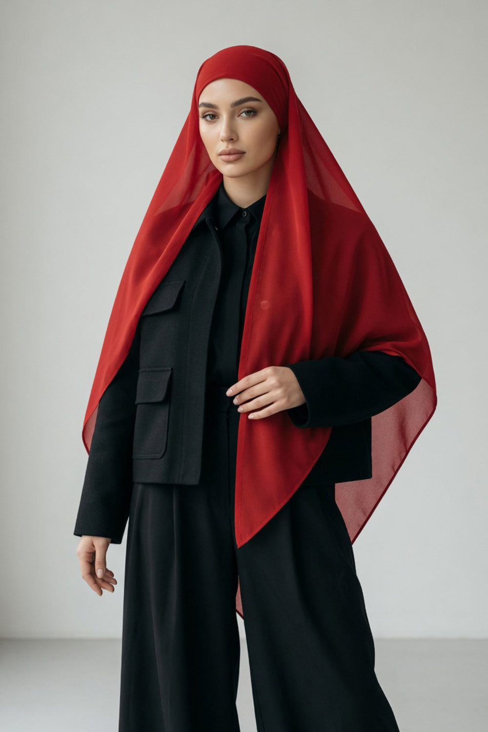 Tie-Back Chiffon Shawl Hijab with Built-In Jersey Underscarf, Non-Slip Ready-to-Wear Chiffon Hijab,PS-61 Red