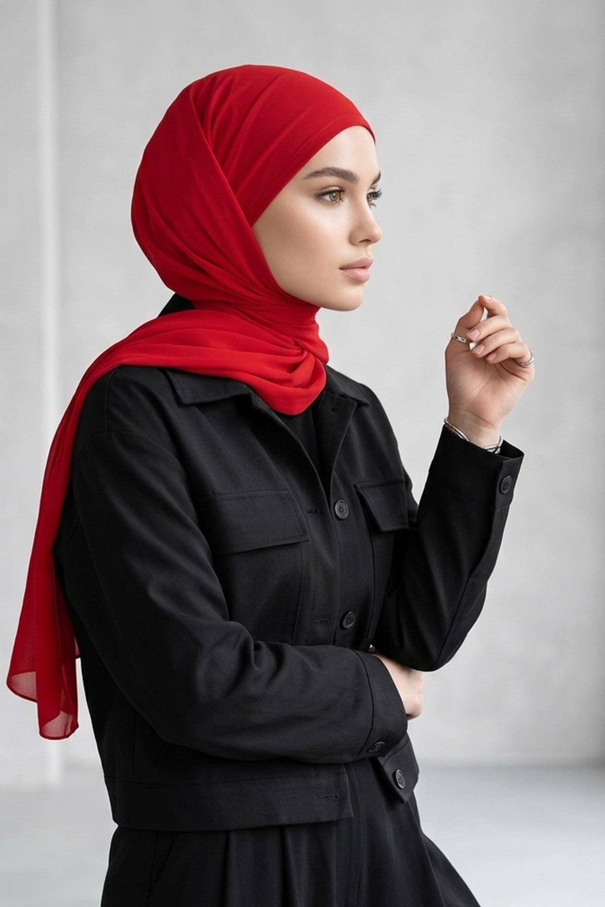 Tie-Back Chiffon Shawl Hijab with Built-In Jersey Underscarf, Non-Slip Ready-to-Wear Chiffon Hijab,PS-61 Red