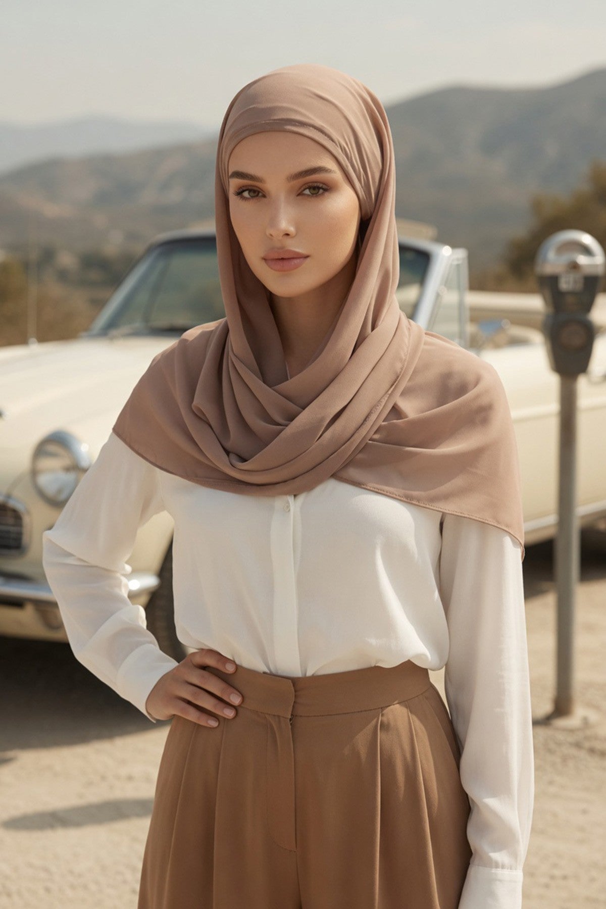 Tie-Back Chiffon Shawl Hijab with Built-In Jersey Underscarf, Non-Slip Ready-to-Wear Chiffon Hijab,PS-61 Mink-Dark Mink