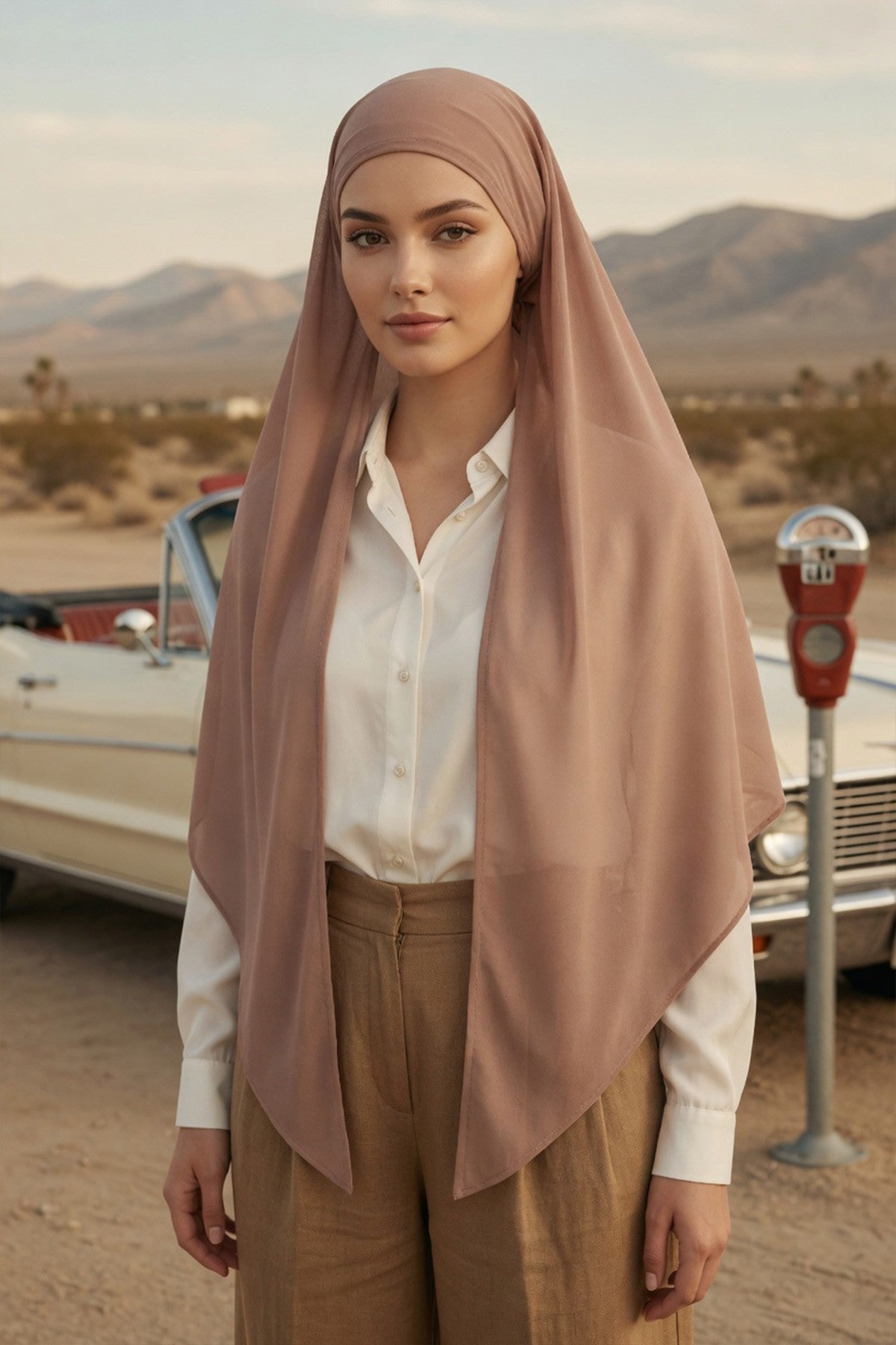 Tie-Back Chiffon Shawl Hijab with Built-In Jersey Underscarf, Non-Slip Ready-to-Wear Chiffon Hijab,PS-61 Mink-Dark Mink