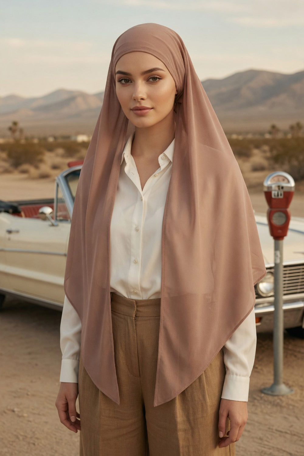 Tie-Back Chiffon Shawl Hijab with Built-In Jersey Underscarf, Non-Slip Ready-to-Wear Chiffon Hijab,PS-61 Mink-Dark Mink
