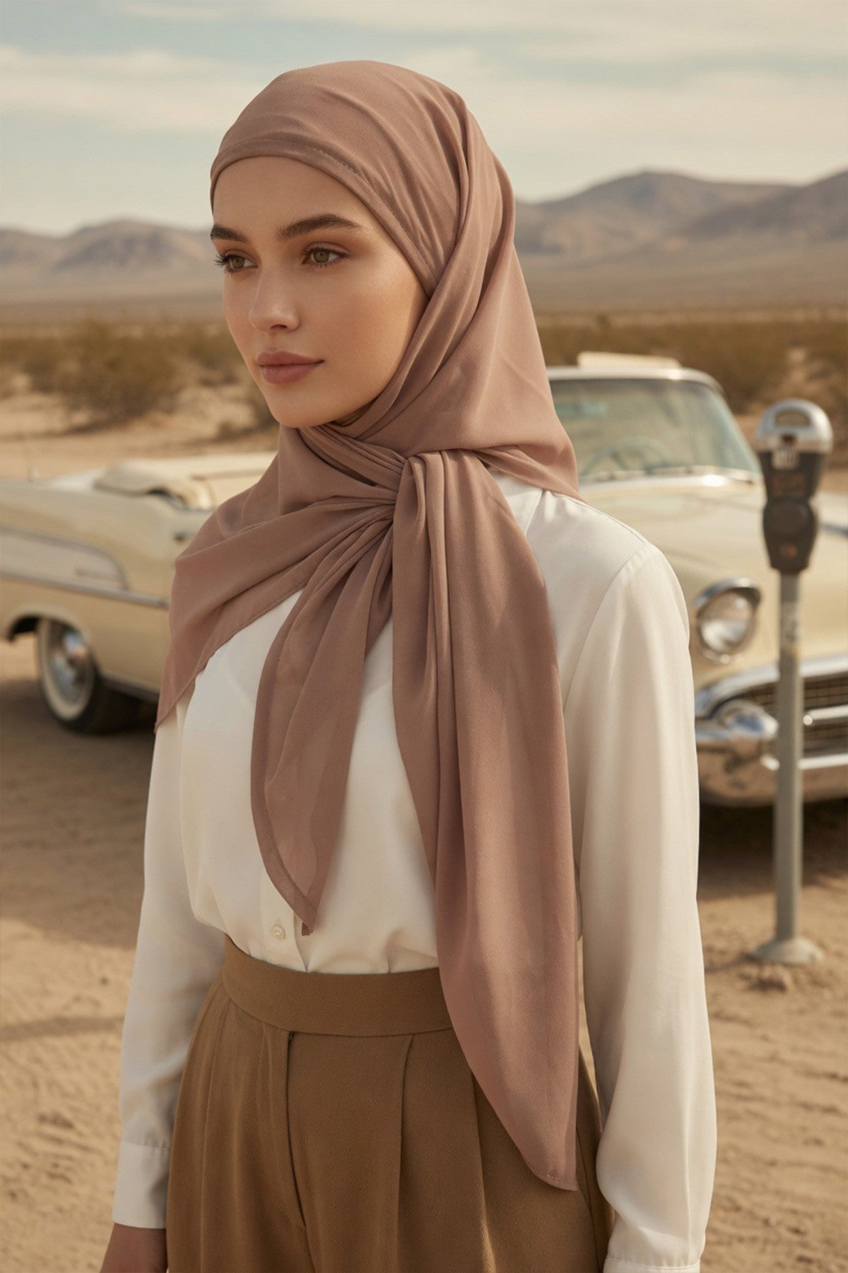 Tie-Back Chiffon Shawl Hijab with Built-In Jersey Underscarf, Non-Slip Ready-to-Wear Chiffon Hijab,PS-61 Mink-Dark Mink