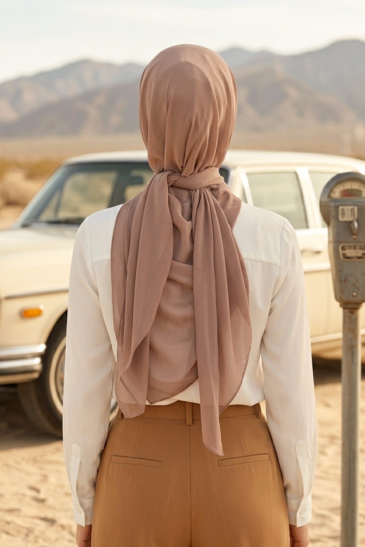 Tie-Back Chiffon Shawl Hijab with Built-In Jersey Underscarf, Non-Slip Ready-to-Wear Chiffon Hijab,PS-61 Mink-Dark Mink
