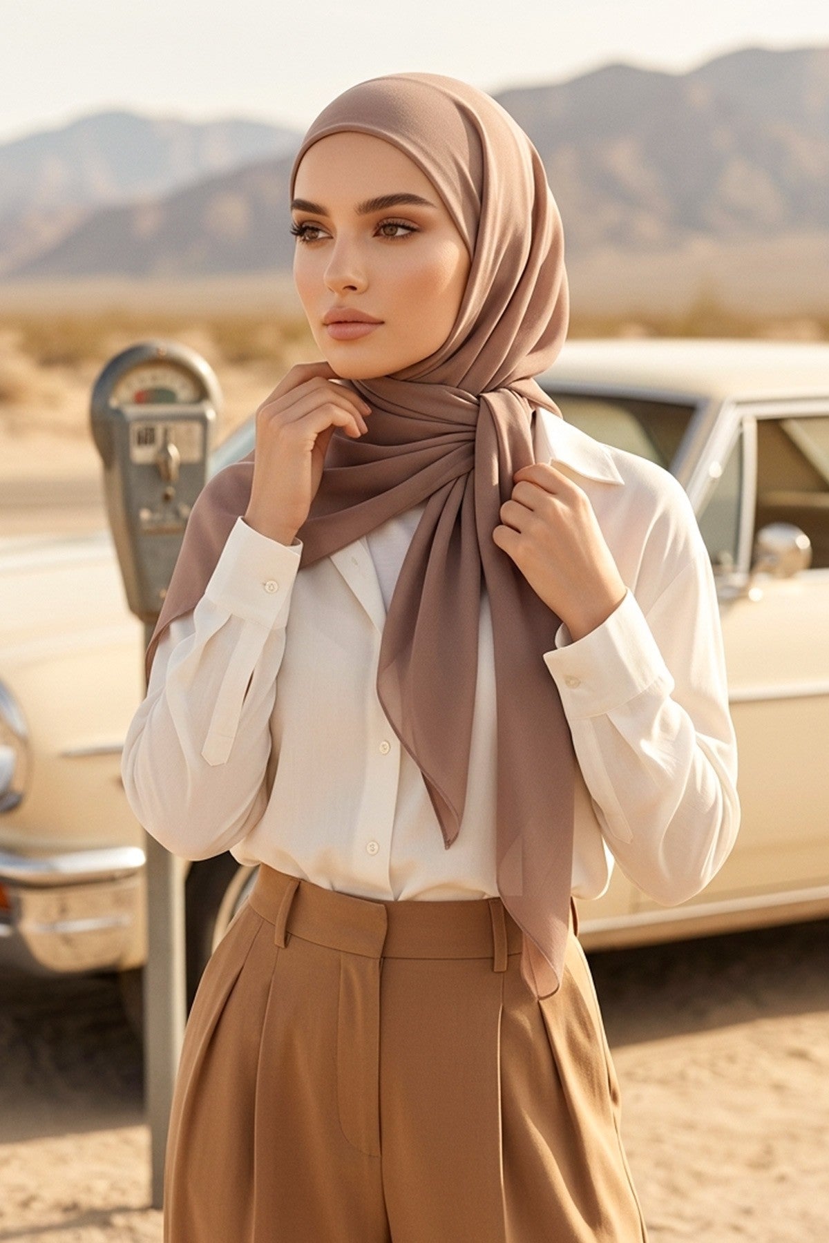 Tie-Back Chiffon Shawl Hijab with Built-In Jersey Underscarf, Non-Slip Ready-to-Wear Chiffon Hijab,PS-61 Mink-Dark Mink