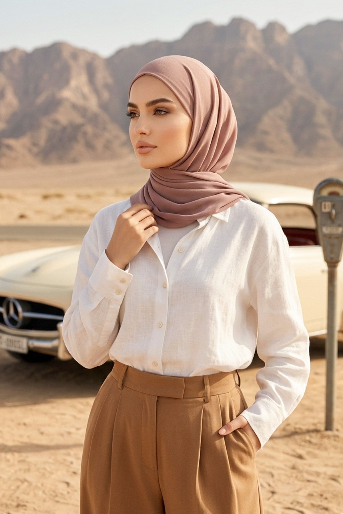 Tie-Back Chiffon Shawl Hijab with Built-In Jersey Underscarf, Non-Slip Ready-to-Wear Chiffon Hijab,PS-61 Mink-Dark Mink
