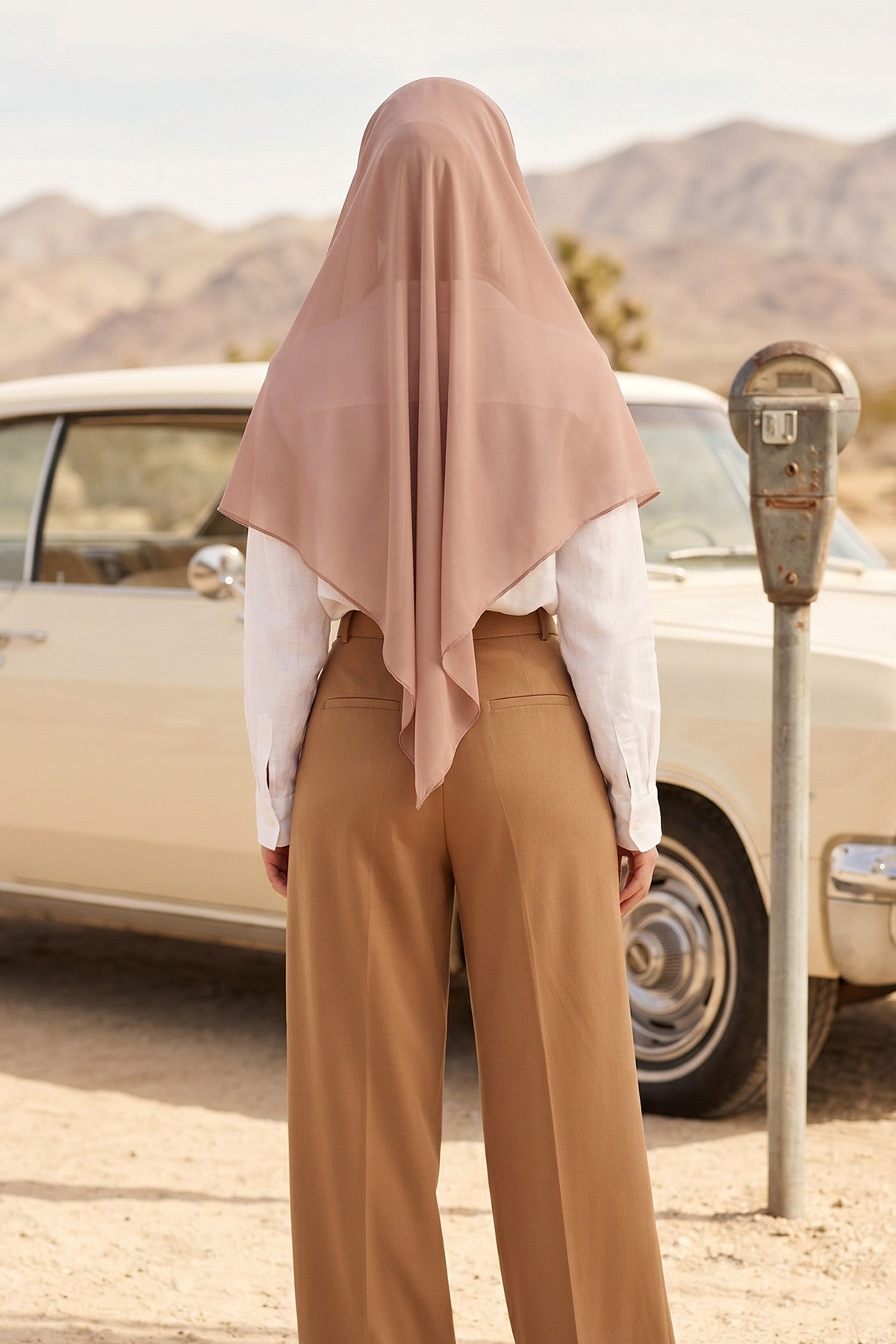 Tie-Back Chiffon Shawl Hijab with Built-In Jersey Underscarf, Non-Slip Ready-to-Wear Chiffon Hijab,PS-61 Mink-Dark Mink