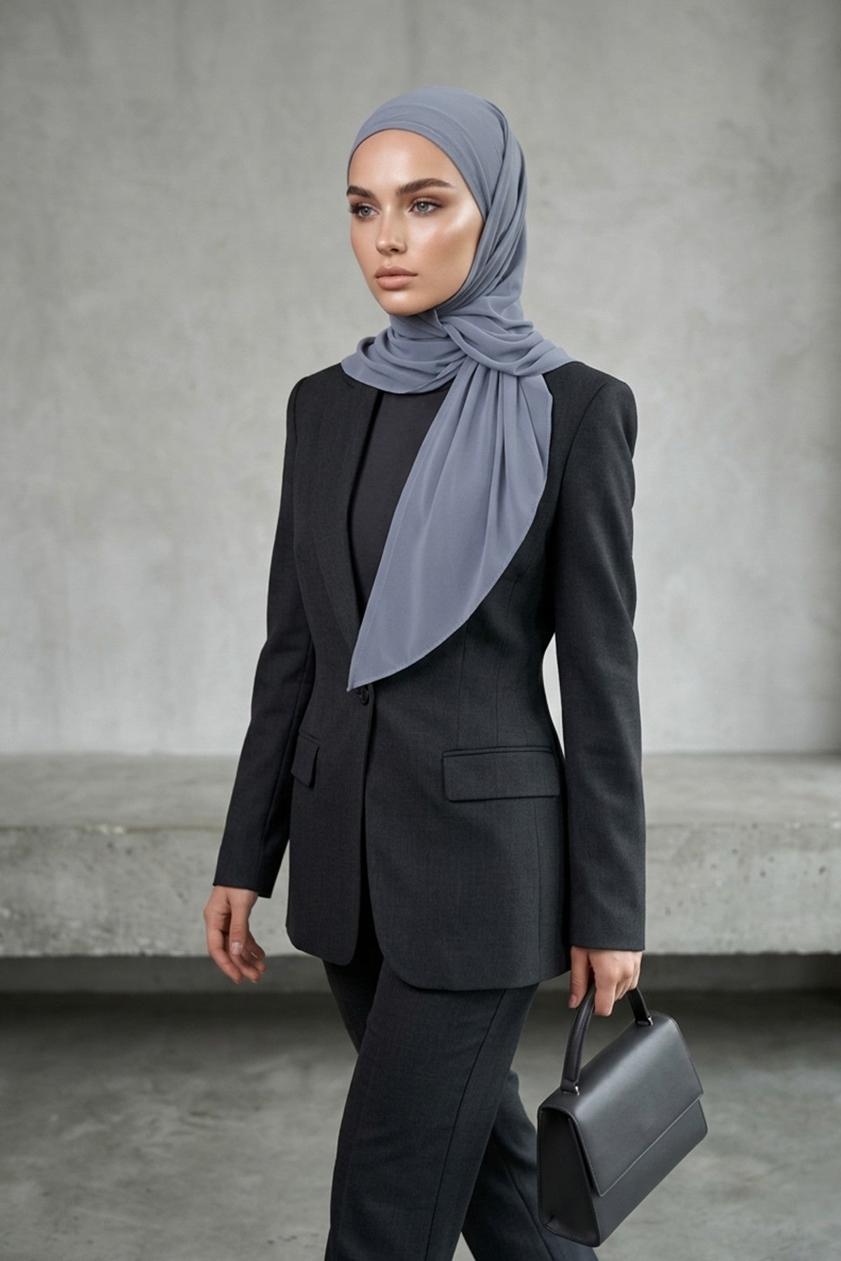 Tie-Back Chiffon Shawl Hijab with Built-In Jersey Underscarf, Non-Slip Ready-to-Wear Chiffon Hijab,PS-61 Grey