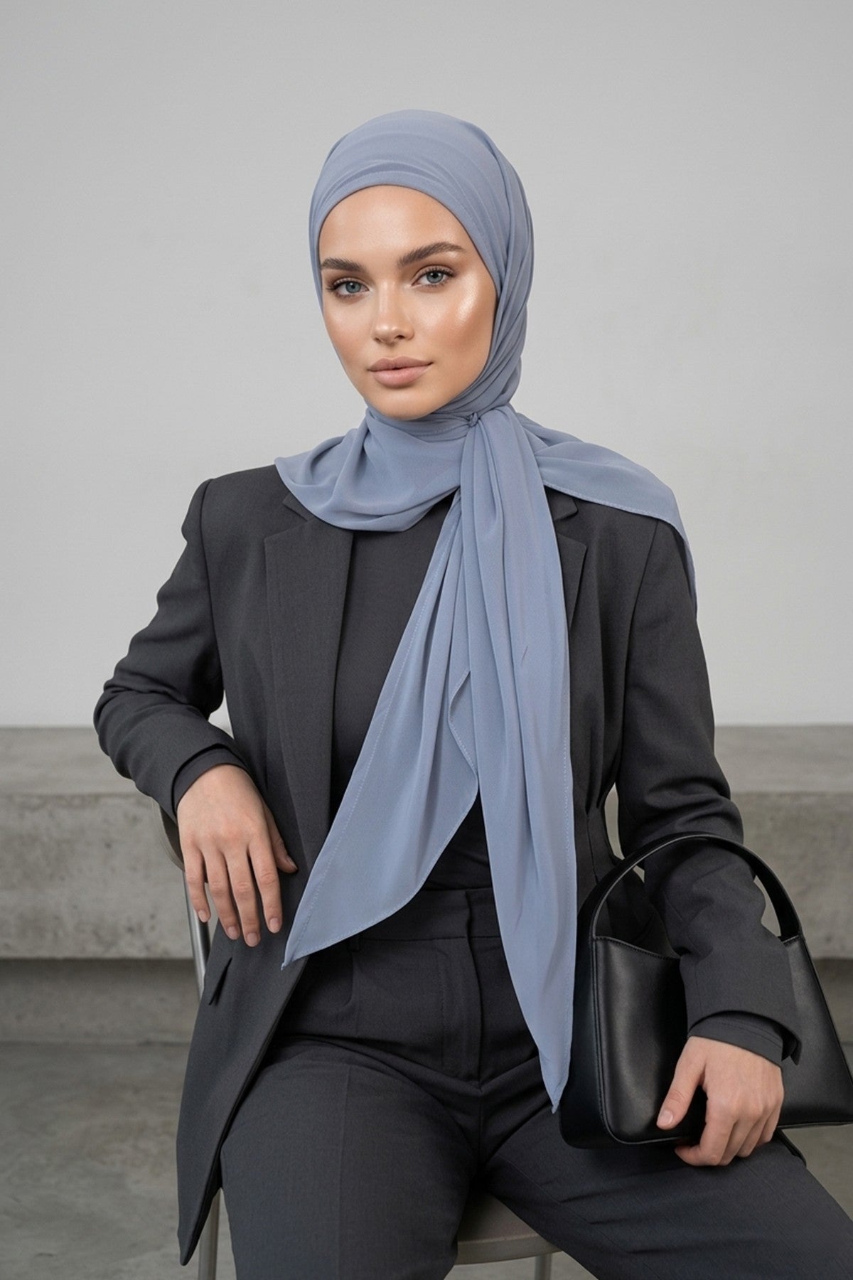 Tie-Back Chiffon Shawl Hijab with Built-In Jersey Underscarf, Non-Slip Ready-to-Wear Chiffon Hijab,PS-61 Grey