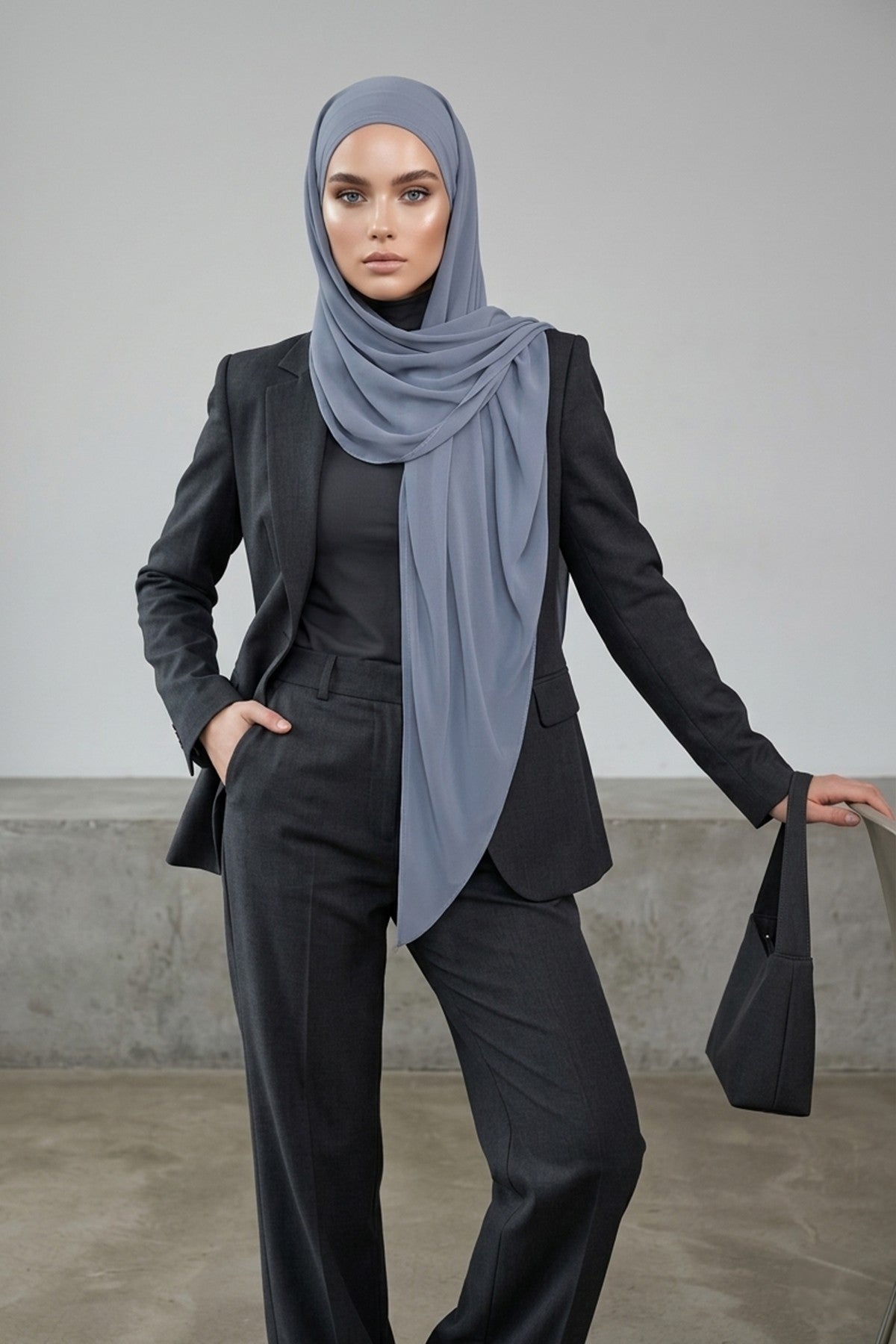 Tie-Back Chiffon Shawl Hijab with Built-In Jersey Underscarf, Non-Slip Ready-to-Wear Chiffon Hijab,PS-61 Grey