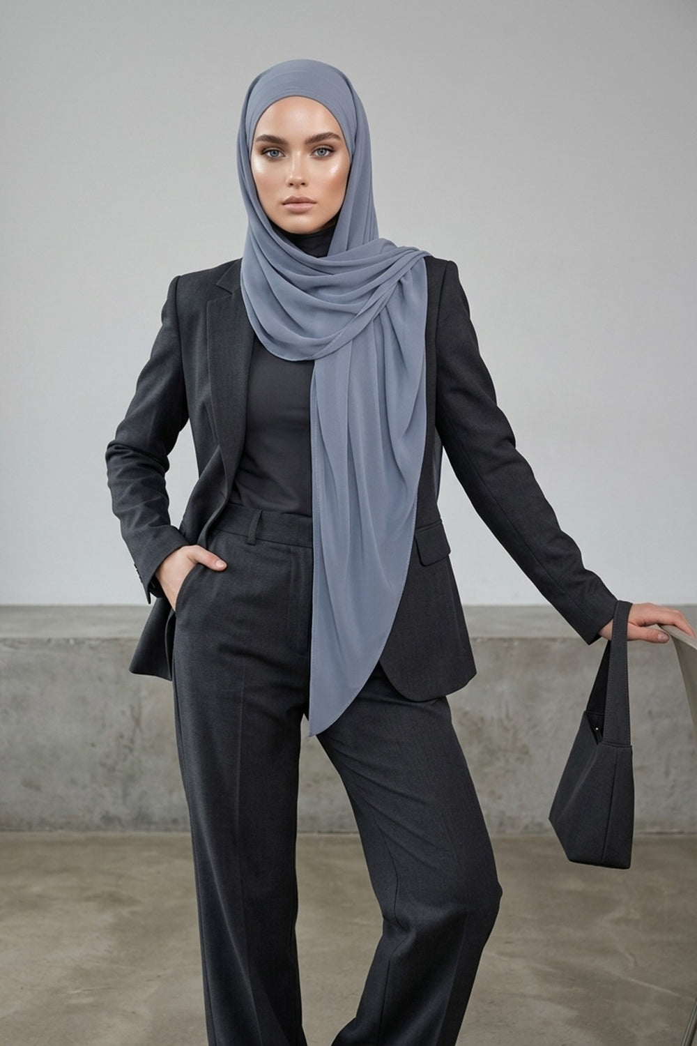 Tie-Back Chiffon Shawl Hijab with Built-In Jersey Underscarf, Non-Slip Ready-to-Wear Chiffon Hijab,PS-61 Grey