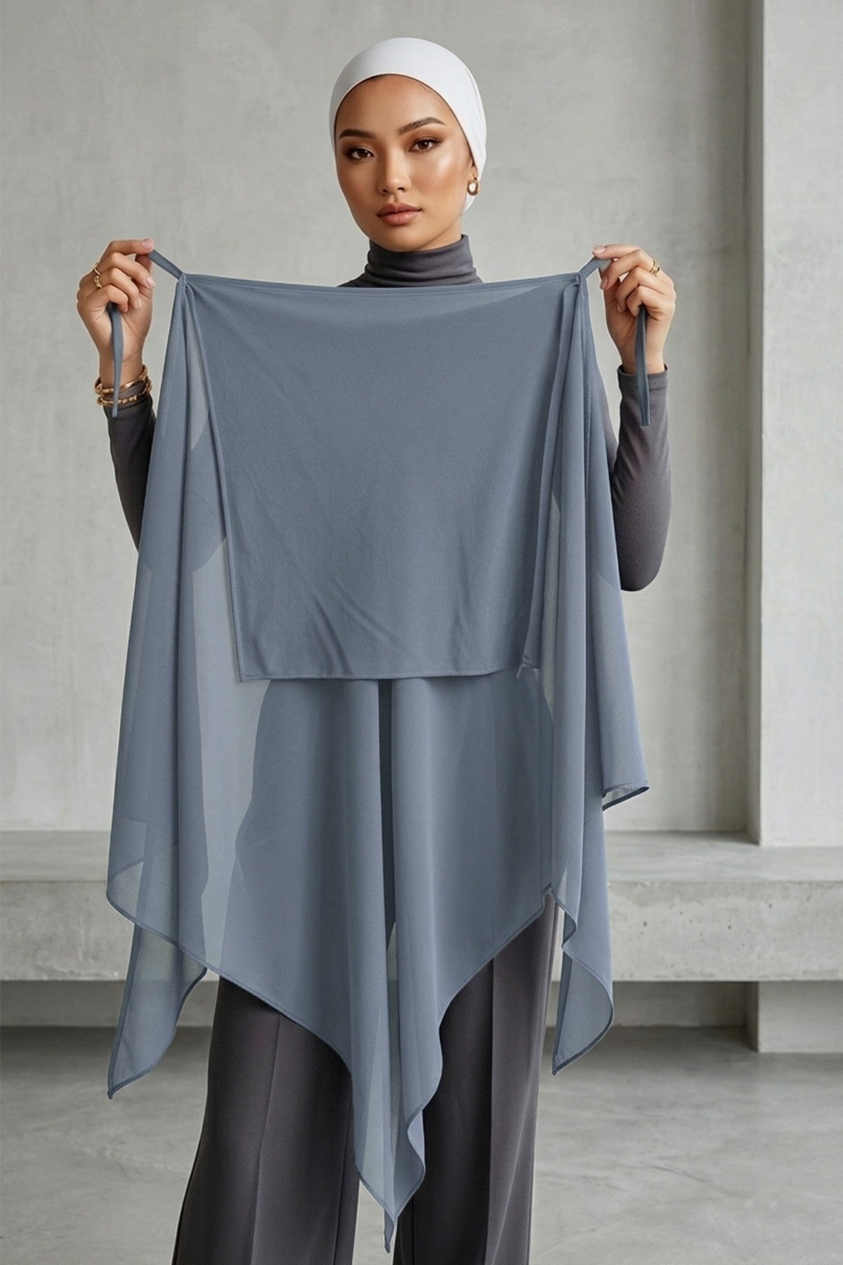 Tie-Back Chiffon Shawl Hijab with Built-In Jersey Underscarf, Non-Slip Ready-to-Wear Chiffon Hijab,PS-61 Grey