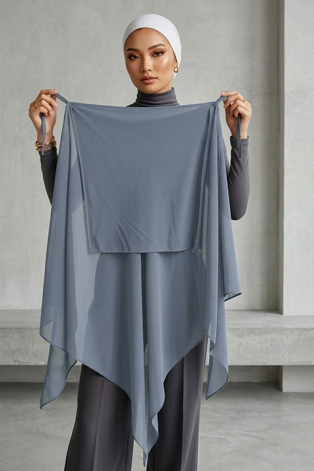 Tie-Back Chiffon Shawl Hijab with Built-In Jersey Underscarf, Non-Slip Ready-to-Wear Chiffon Hijab,PS-61 Grey
