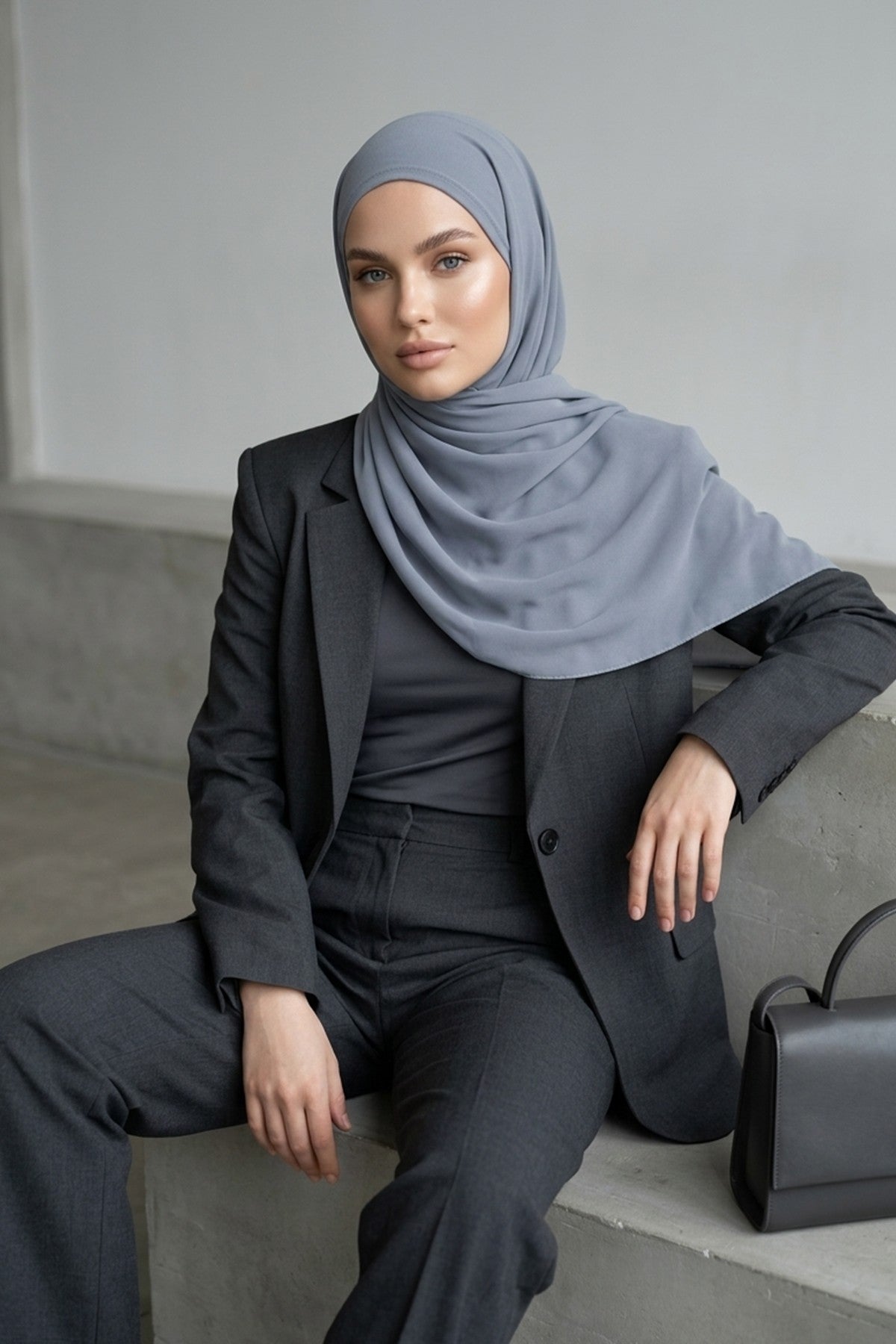 Tie-Back Chiffon Shawl Hijab with Built-In Jersey Underscarf, Non-Slip Ready-to-Wear Chiffon Hijab,PS-61 Grey