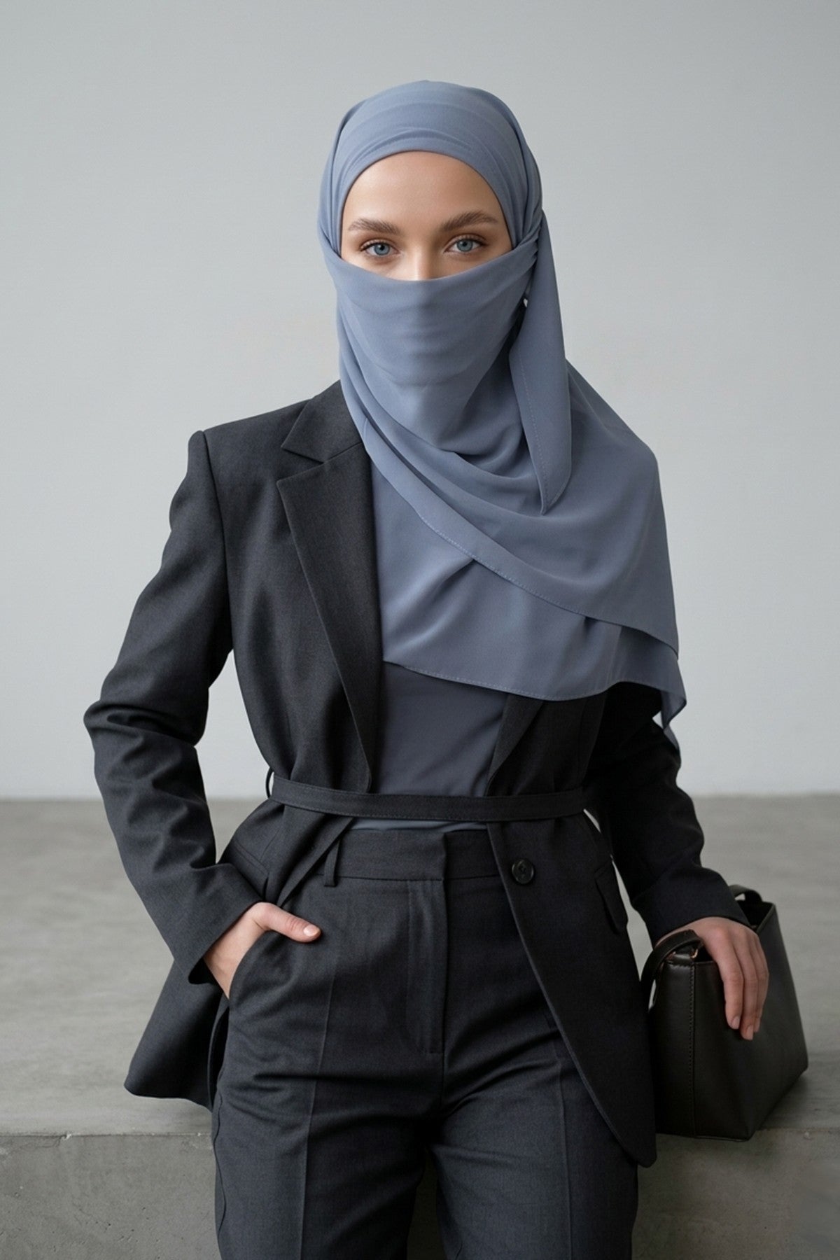 Tie-Back Chiffon Shawl Hijab with Built-In Jersey Underscarf, Non-Slip Ready-to-Wear Chiffon Hijab,PS-61 Grey