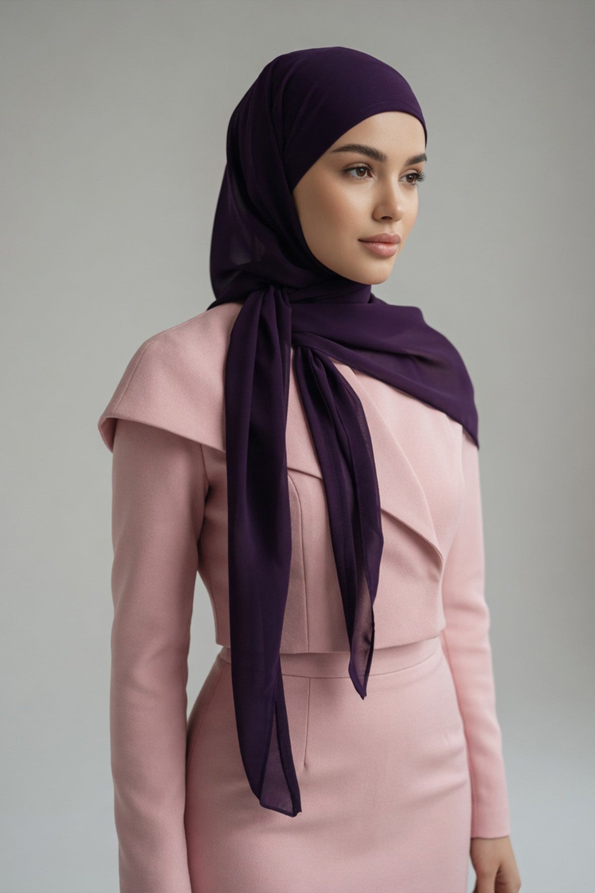 Tie-Back Chiffon Shawl Hijab with Built-In Jersey Underscarf, Non-Slip Ready-to-Wear Chiffon Hijab,PS-61 Purple