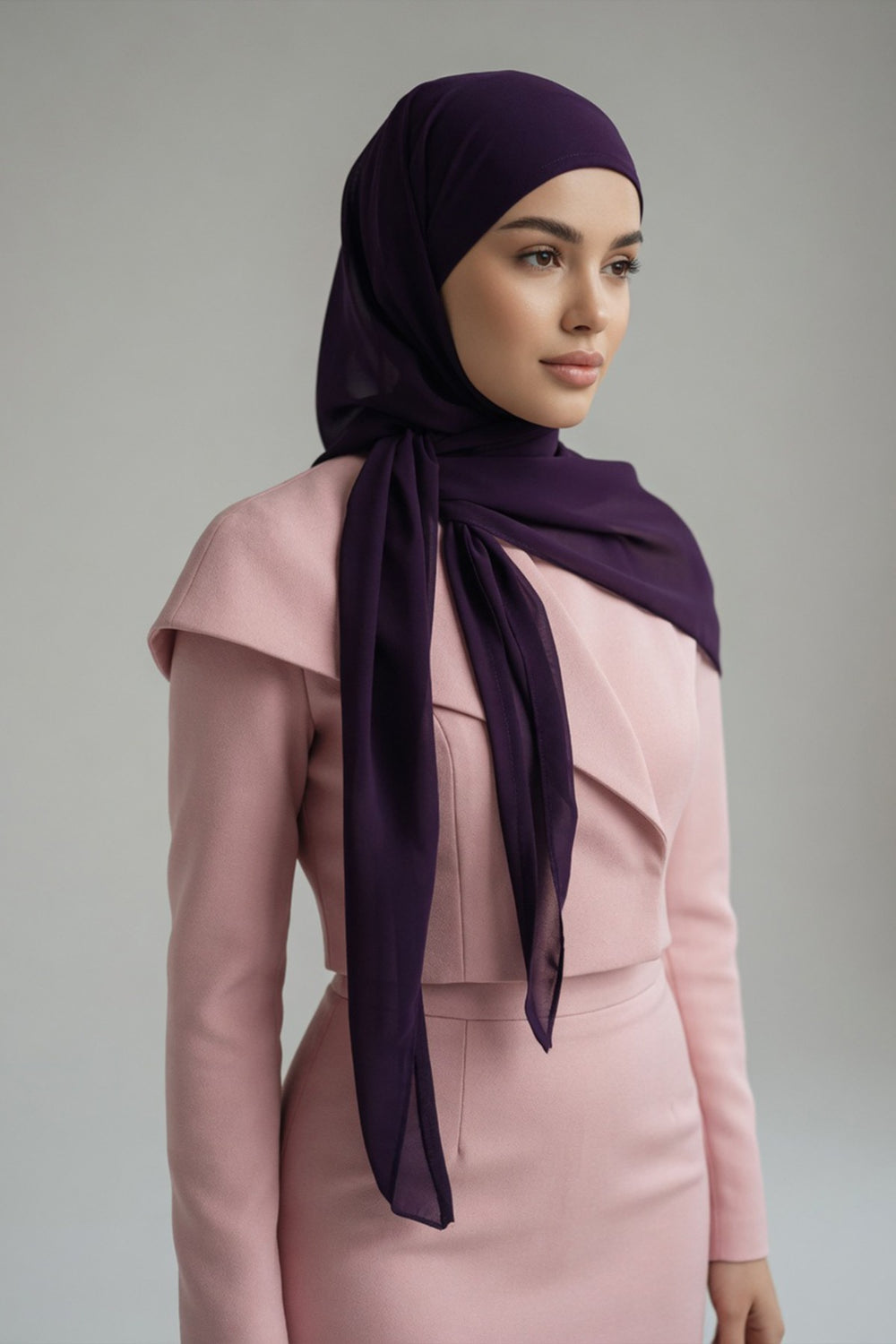 Tie-Back Chiffon Shawl Hijab with Built-In Jersey Underscarf, Non-Slip Ready-to-Wear Chiffon Hijab,PS-61 Purple