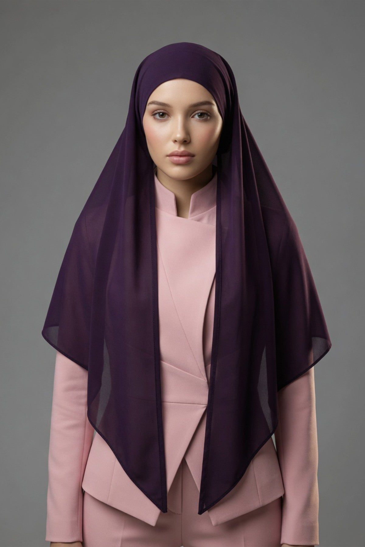 Tie-Back Chiffon Shawl Hijab with Built-In Jersey Underscarf, Non-Slip Ready-to-Wear Chiffon Hijab,PS-61 Purple