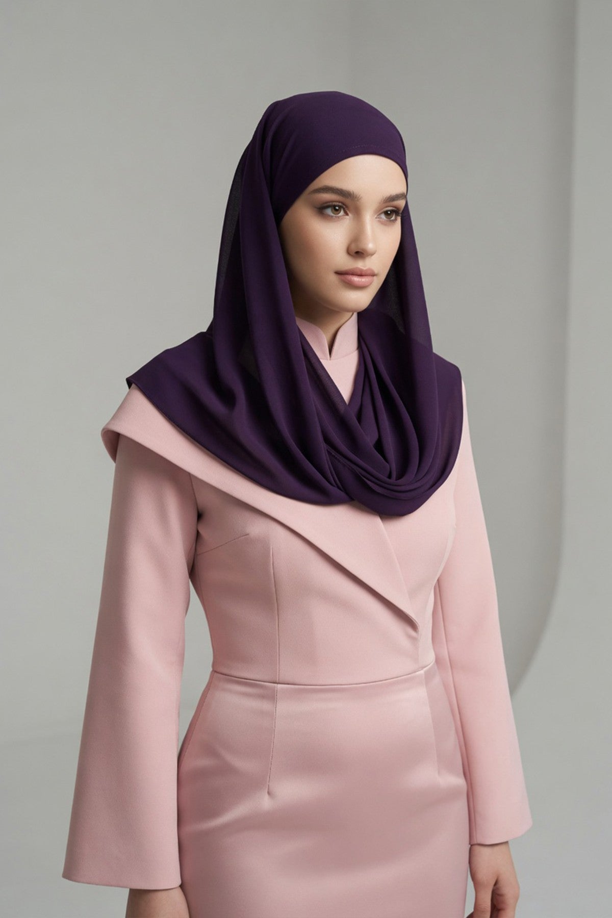 Tie-Back Chiffon Shawl Hijab with Built-In Jersey Underscarf, Non-Slip Ready-to-Wear Chiffon Hijab,PS-61 Purple