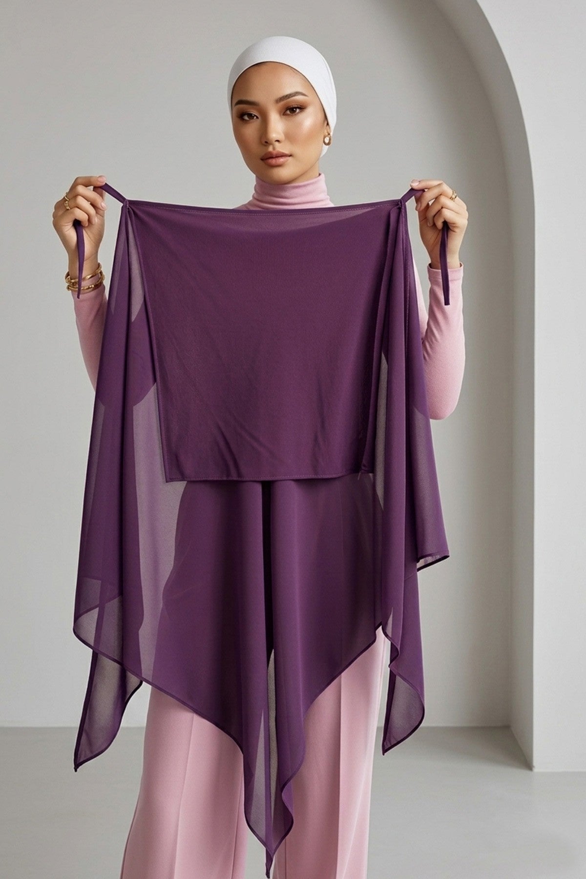Tie-Back Chiffon Shawl Hijab with Built-In Jersey Underscarf, Non-Slip Ready-to-Wear Chiffon Hijab,PS-61 Purple