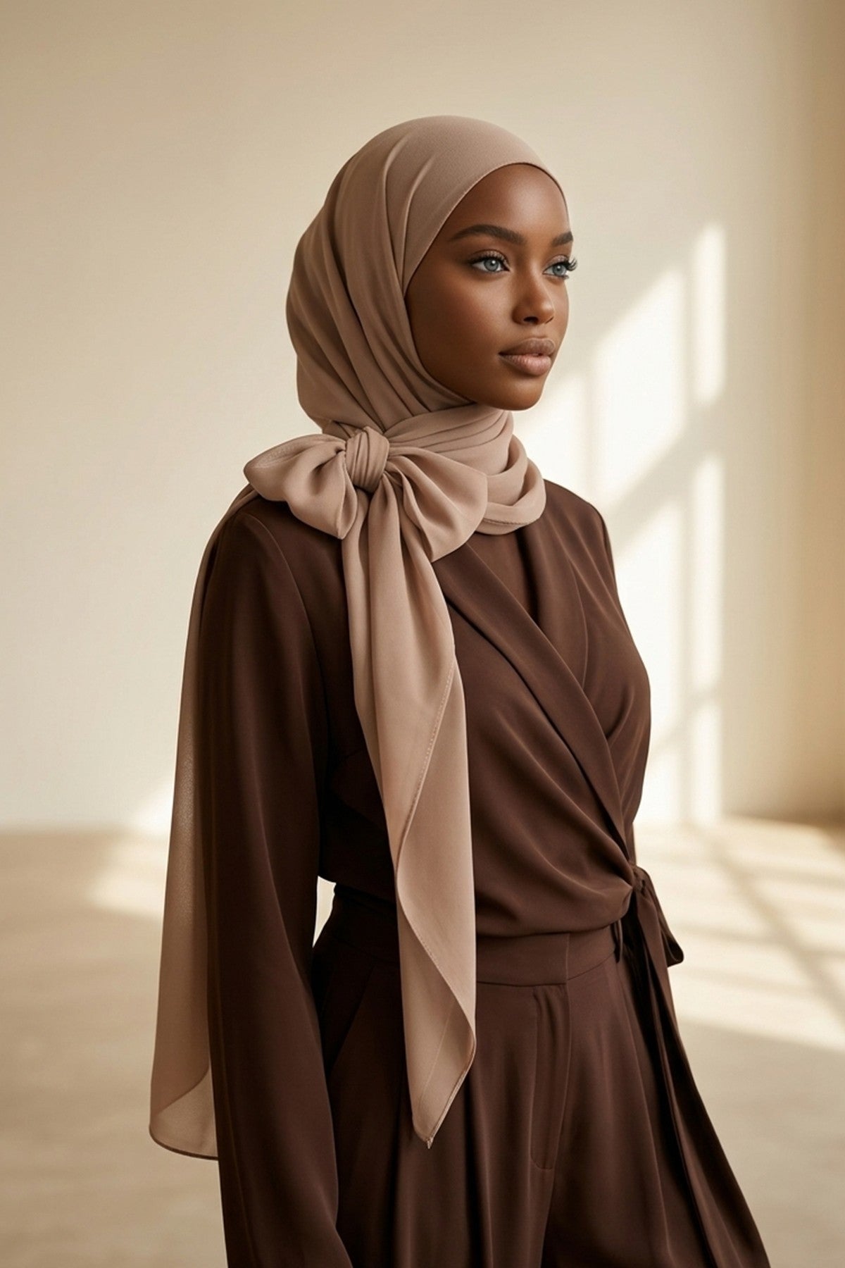 Tie-Back Chiffon Shawl Hijab with Built-In Jersey Underscarf, Non-Slip Ready-to-Wear Chiffon Hijab,PS-61 Sand Brown
