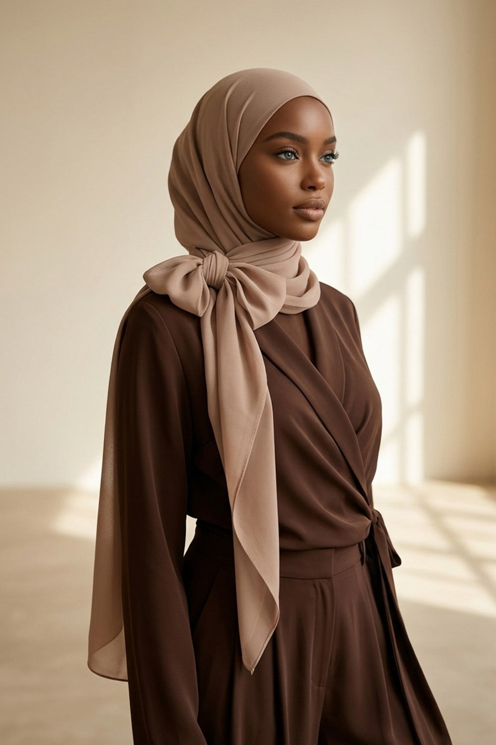 Tie-Back Chiffon Shawl Hijab with Built-In Jersey Underscarf, Non-Slip Ready-to-Wear Chiffon Hijab,PS-61 Sand Brown