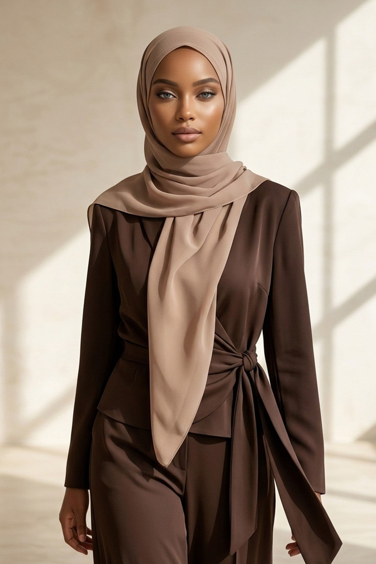 Tie-Back Chiffon Shawl Hijab with Built-In Jersey Underscarf, Non-Slip Ready-to-Wear Chiffon Hijab,PS-61 Sand Brown
