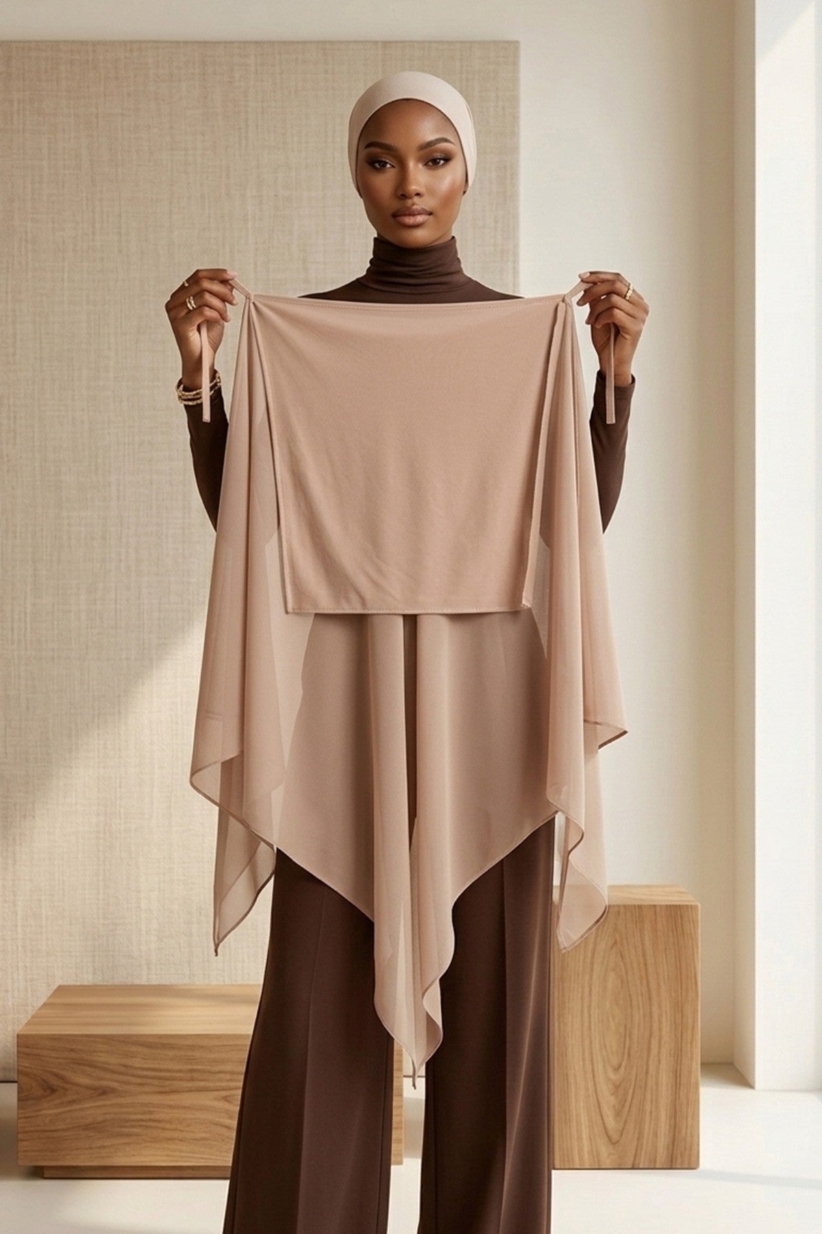 Tie-Back Chiffon Shawl Hijab with Built-In Jersey Underscarf, Non-Slip Ready-to-Wear Chiffon Hijab,PS-61 Sand Brown