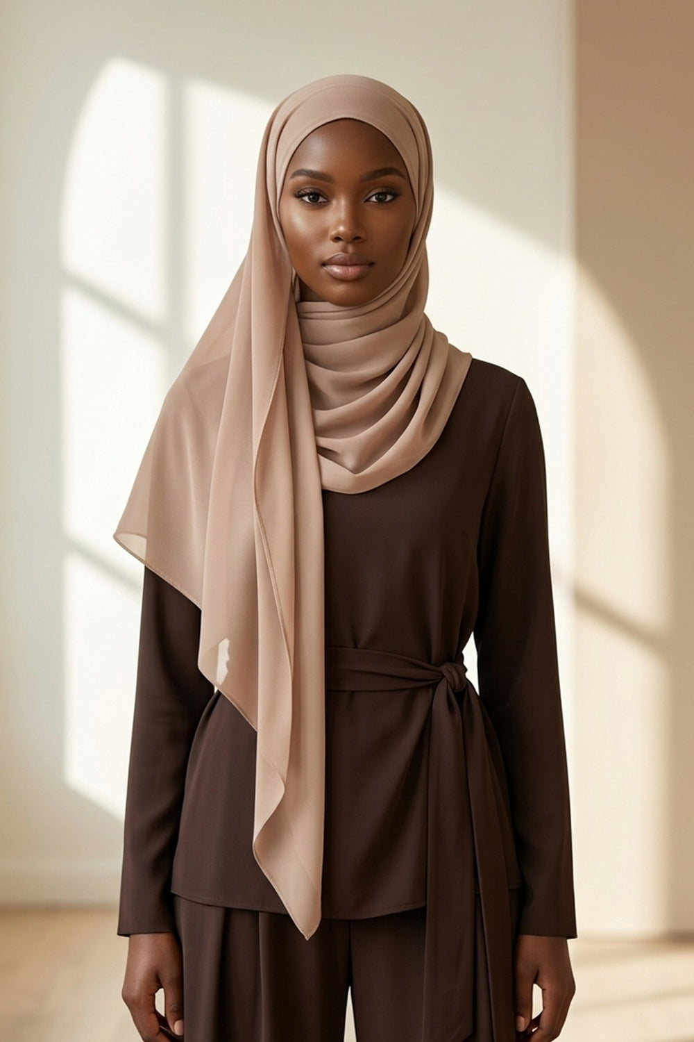 Tie-Back Chiffon Shawl Hijab with Built-In Jersey Underscarf, Non-Slip Ready-to-Wear Chiffon Hijab,PS-61 Sand Brown