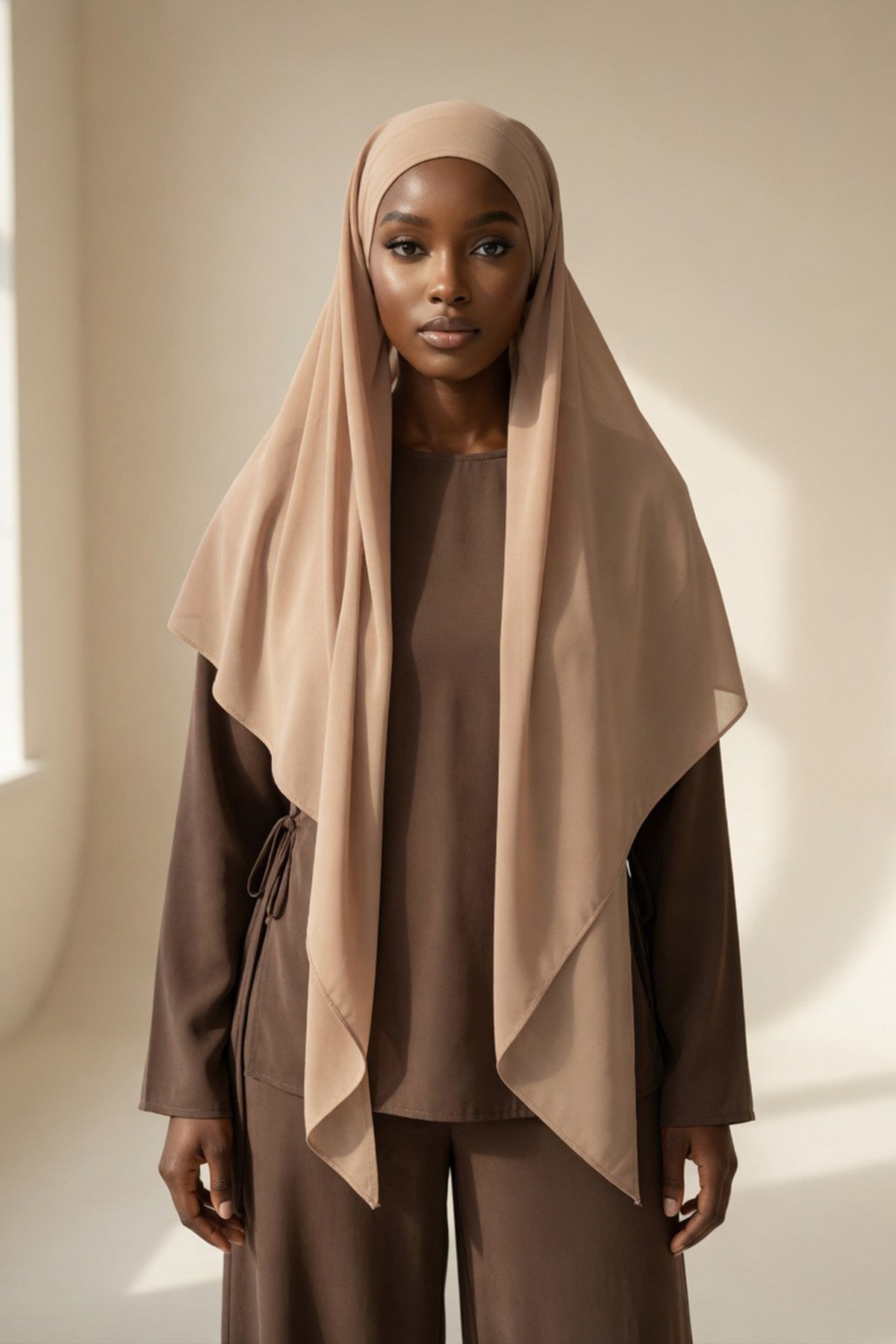 Tie-Back Chiffon Shawl Hijab with Built-In Jersey Underscarf, Non-Slip Ready-to-Wear Chiffon Hijab,PS-61 Sand Brown