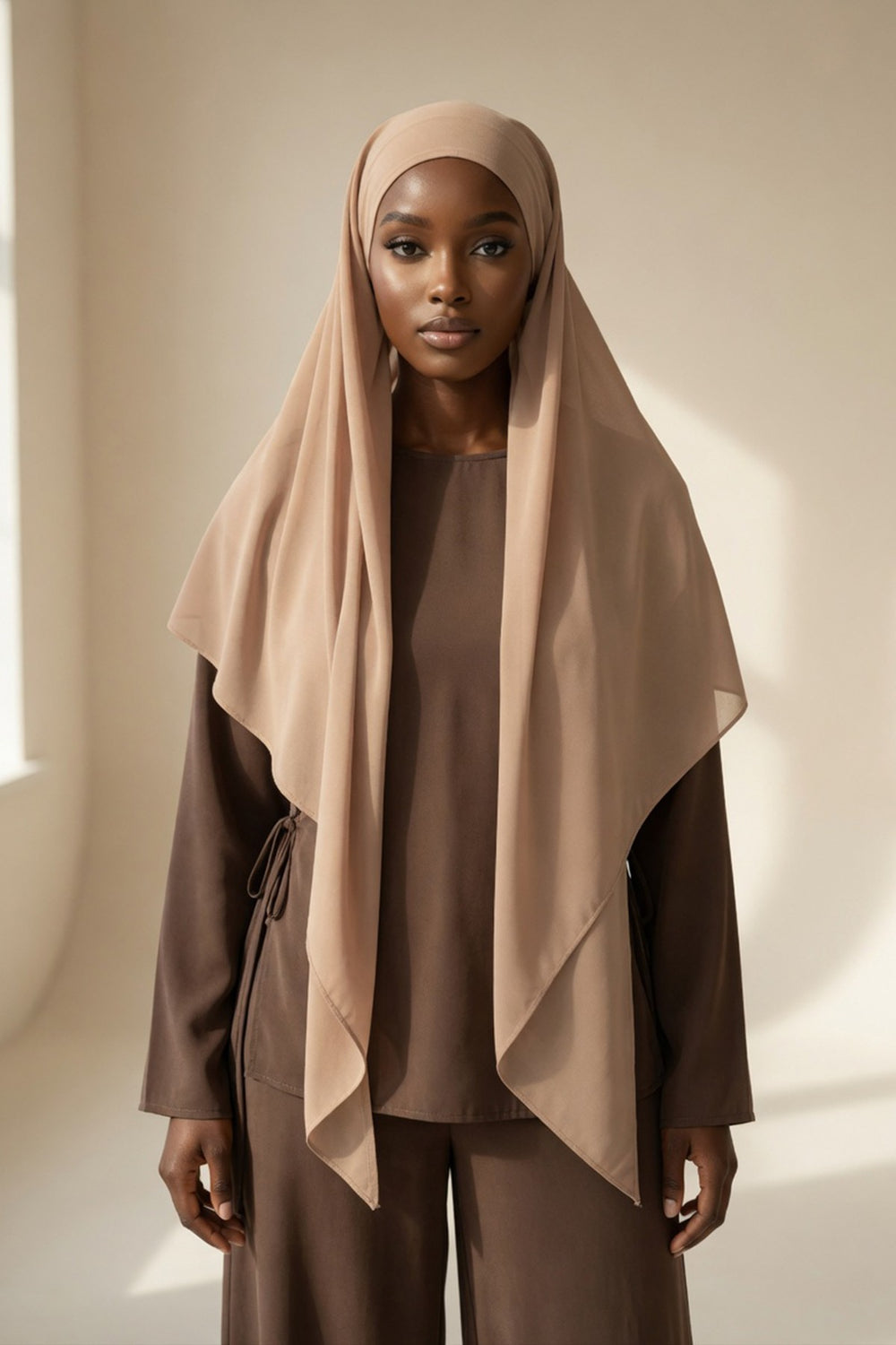 Tie-Back Chiffon Shawl Hijab with Built-In Jersey Underscarf, Non-Slip Ready-to-Wear Chiffon Hijab,PS-61 Sand Brown