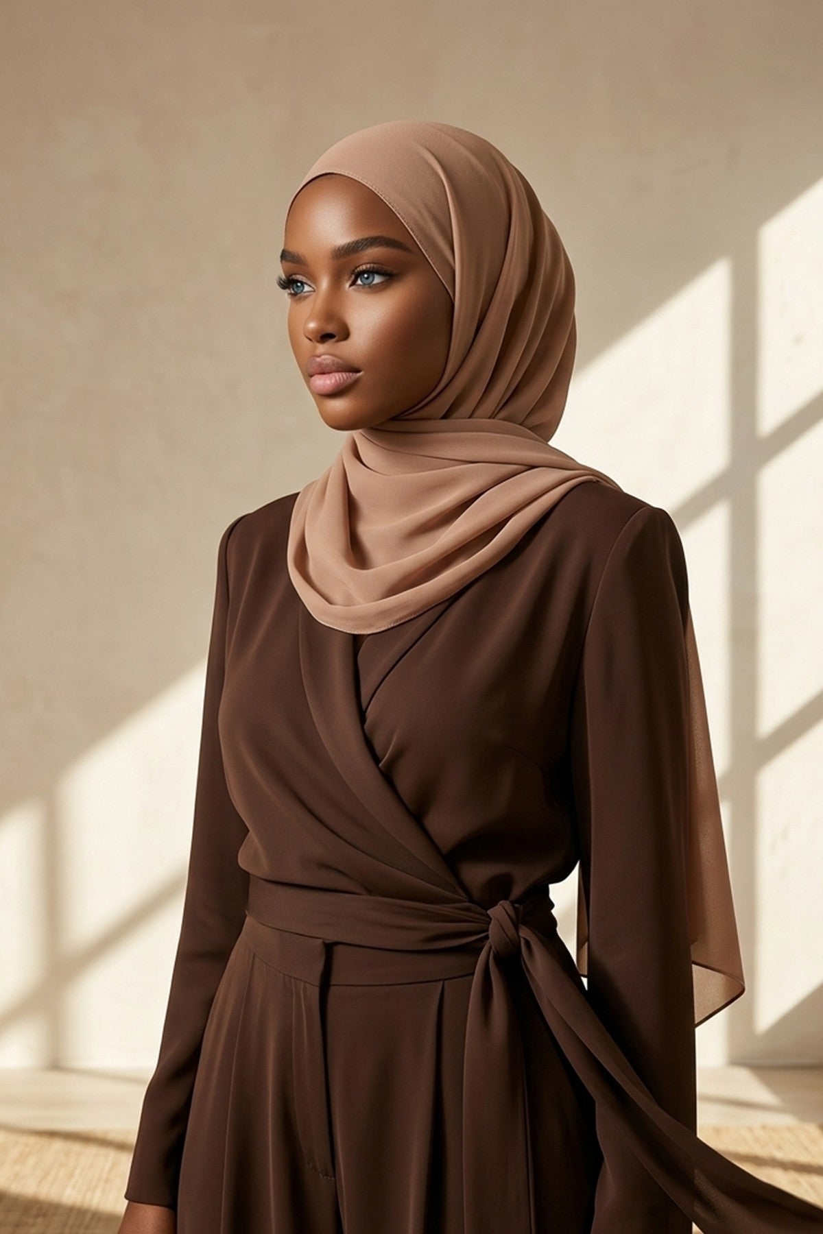 Tie-Back Chiffon Shawl Hijab with Built-In Jersey Underscarf, Non-Slip Ready-to-Wear Chiffon Hijab,PS-61 Sand Brown